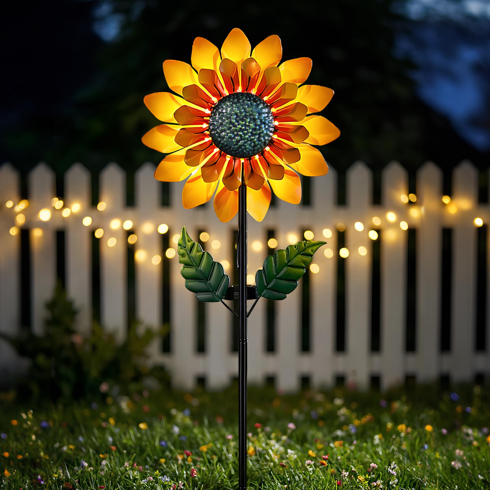 Garden scene featuring VISFLAIR Sunflower Wind Spinner