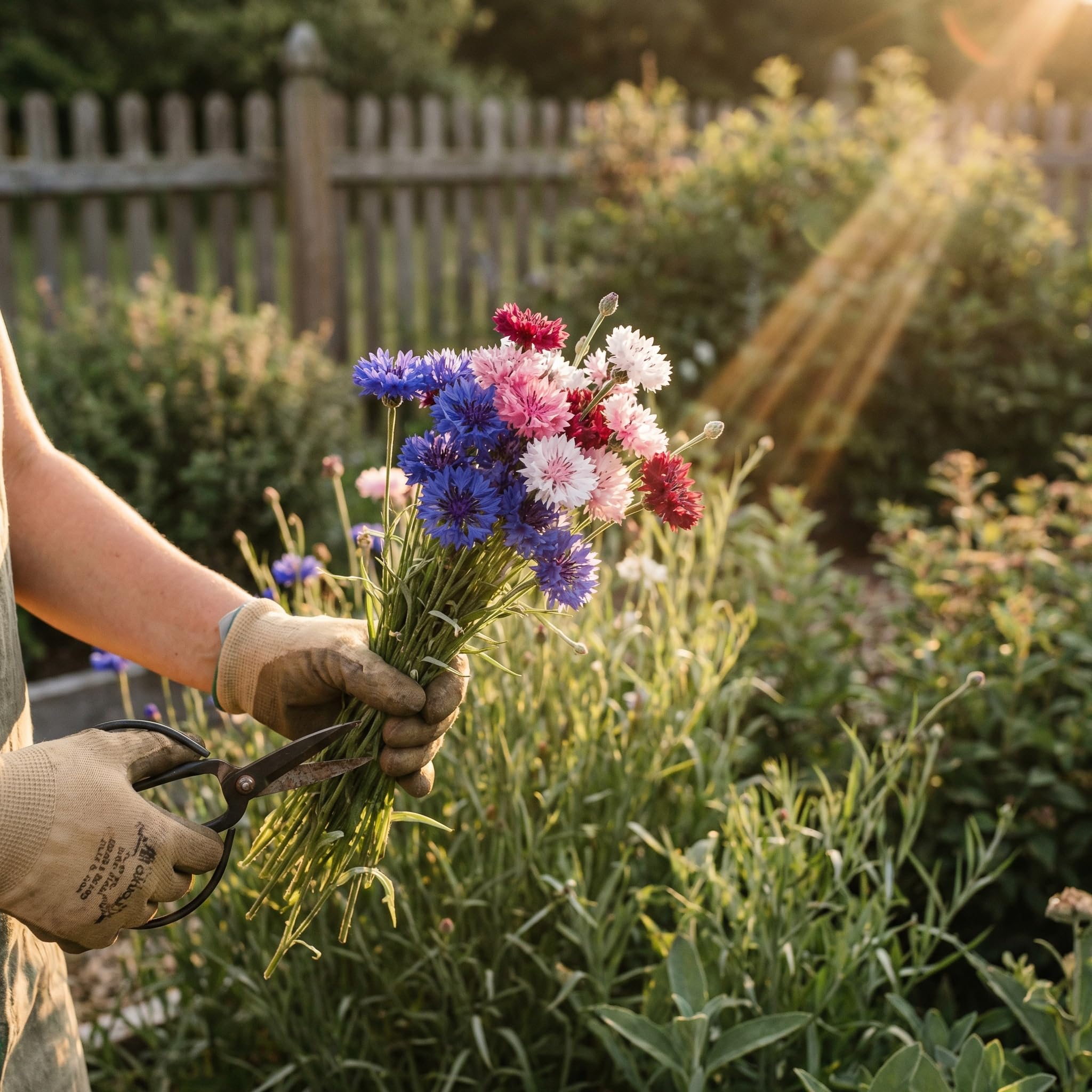 Garden scene with Bachelor Buttons attracting pollinators