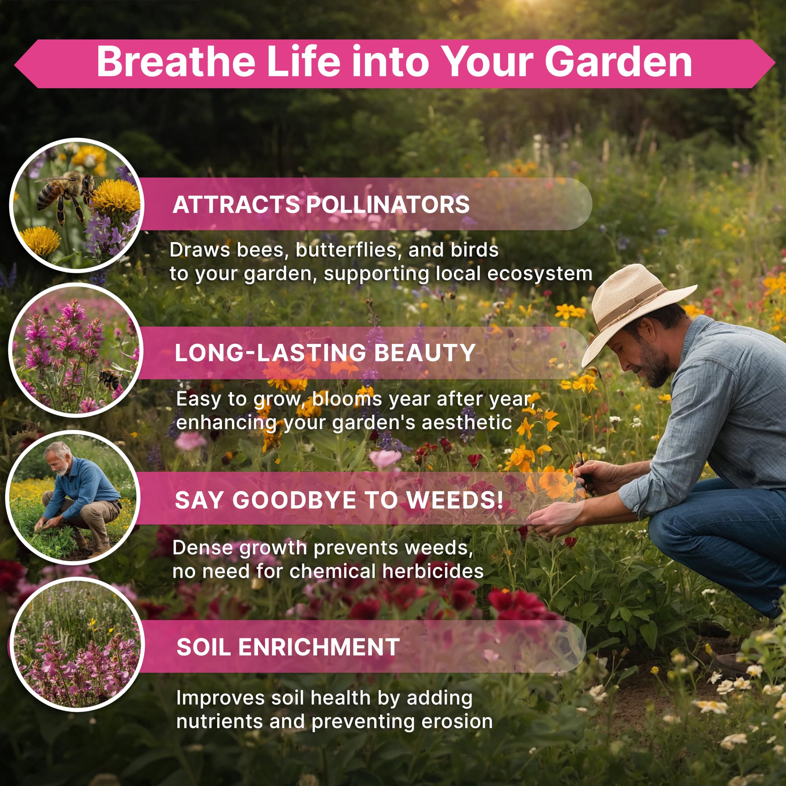 Garden scene with butterflies attracted to wildflowers