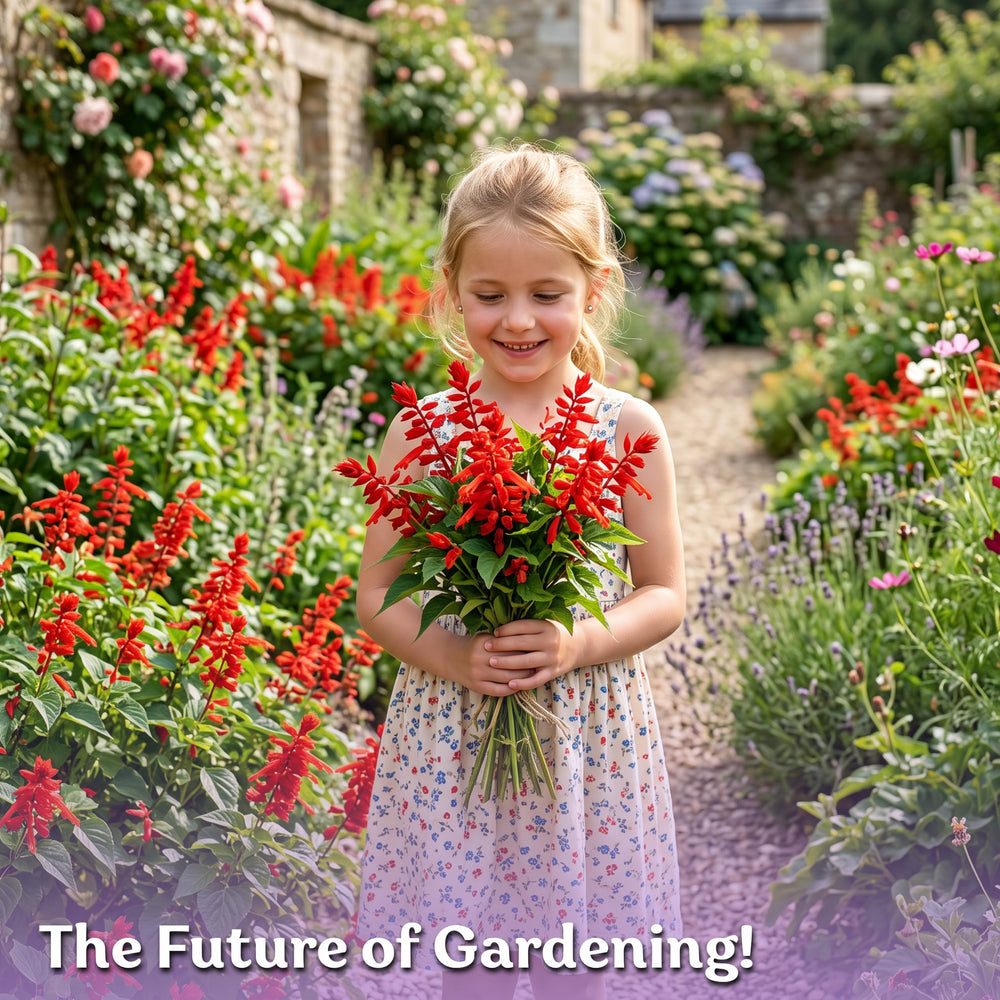 Garden view featuring KVITER Scarlet Sage plants in full bloom