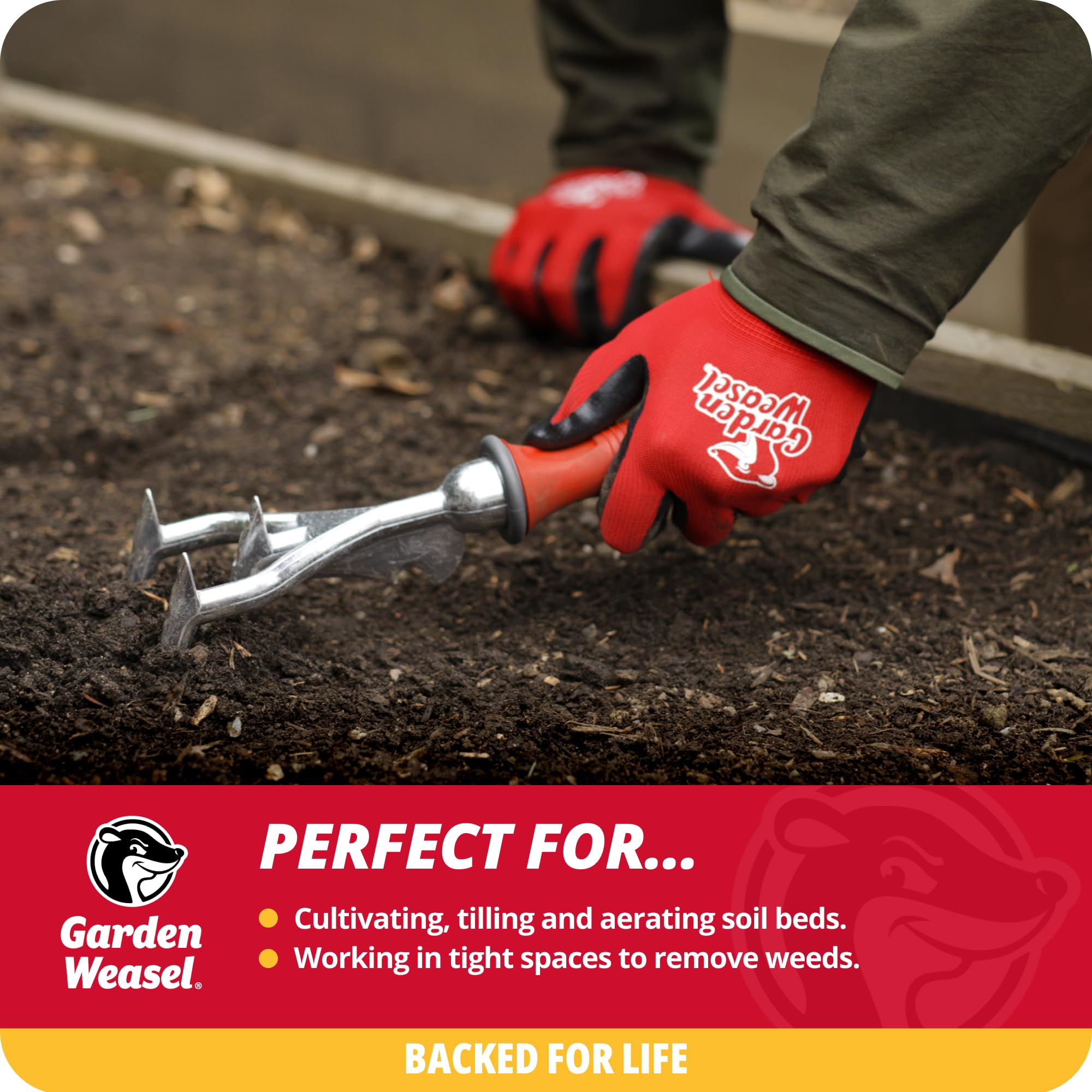 GARDEN WEASEL cultivator showing three-pronged tines