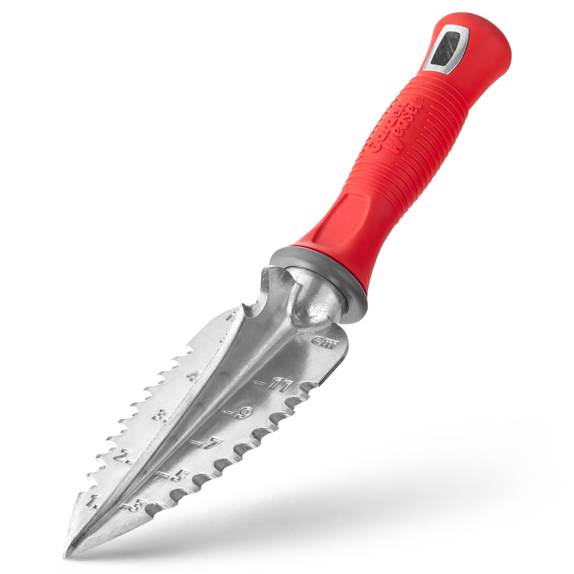 GARDEN WEASEL Multi-Use Transplanter Trowel front view with serrated edge
