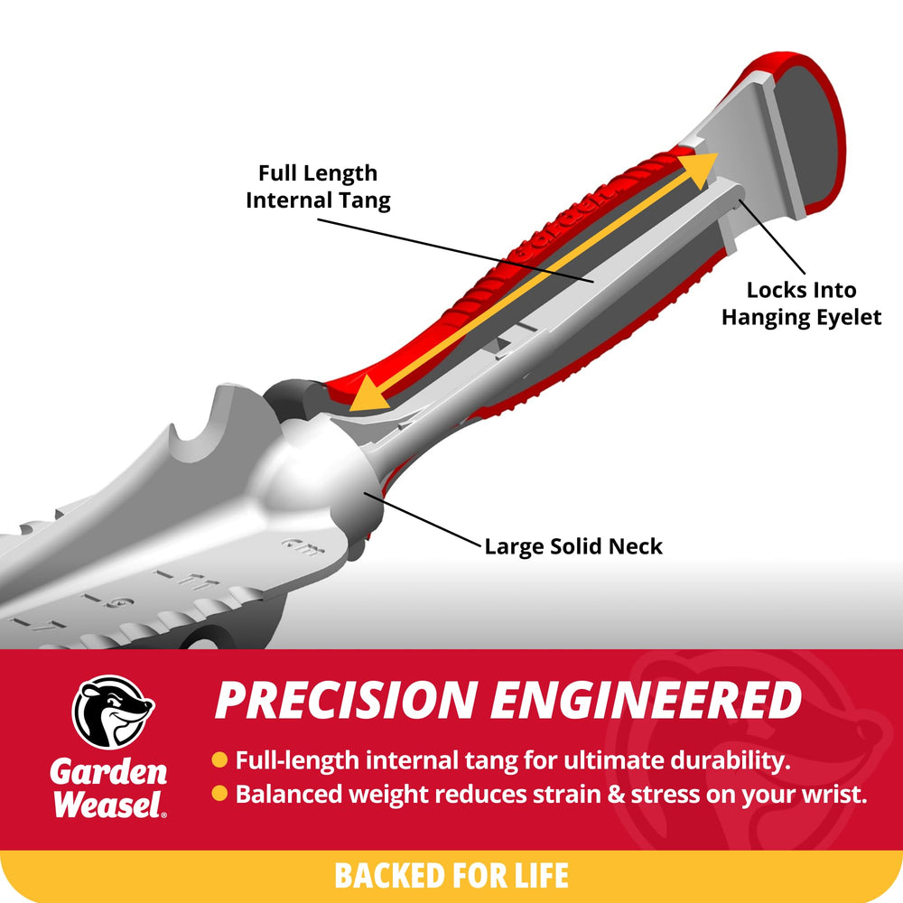 GARDEN WEASEL Multi-Use Transplanter Trowel on a gardening bench