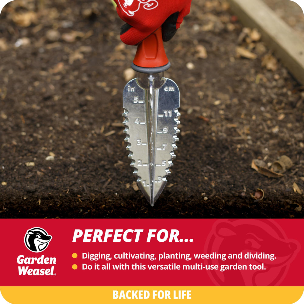 GARDEN WEASEL Multi-Use Transplanter Trowel side view showing depth gauge
