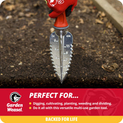 GARDEN WEASEL Multi-Use Transplanter Trowel side view showing depth gauge