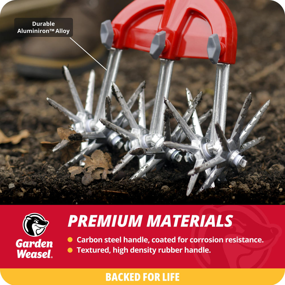 GARDEN WEASEL Rotary Hand Cultivator Tiller close-up of blade wheels