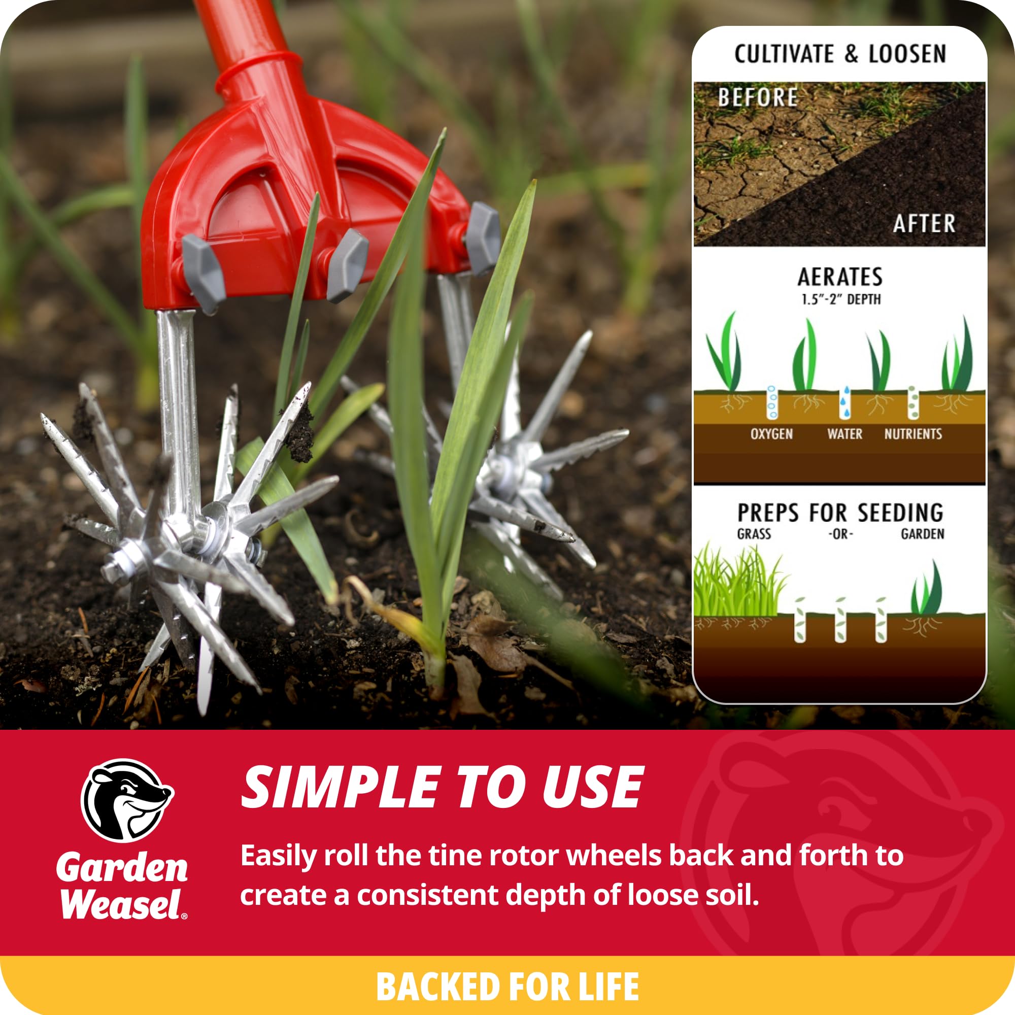 GARDEN WEASEL Rotary Hand Cultivator Tiller package
