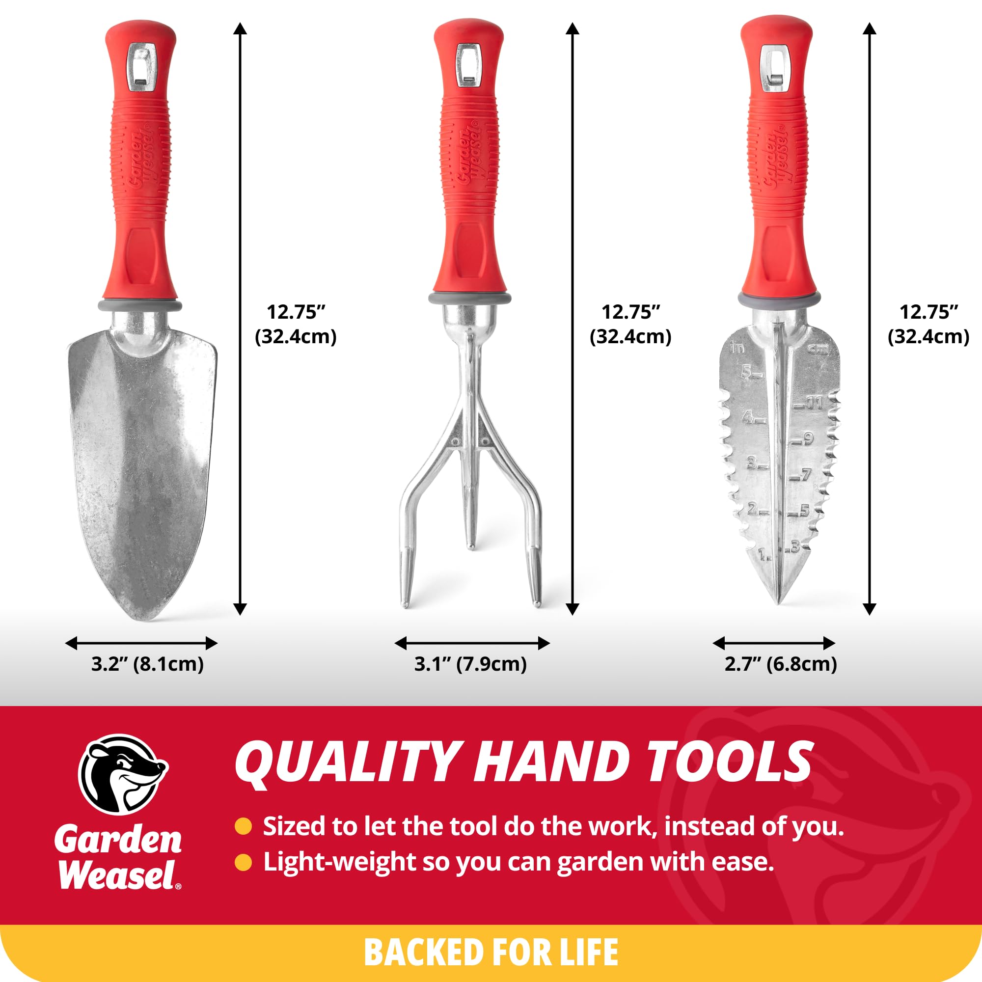 GARDEN WEASEL tools hanging on a pegboard for storage