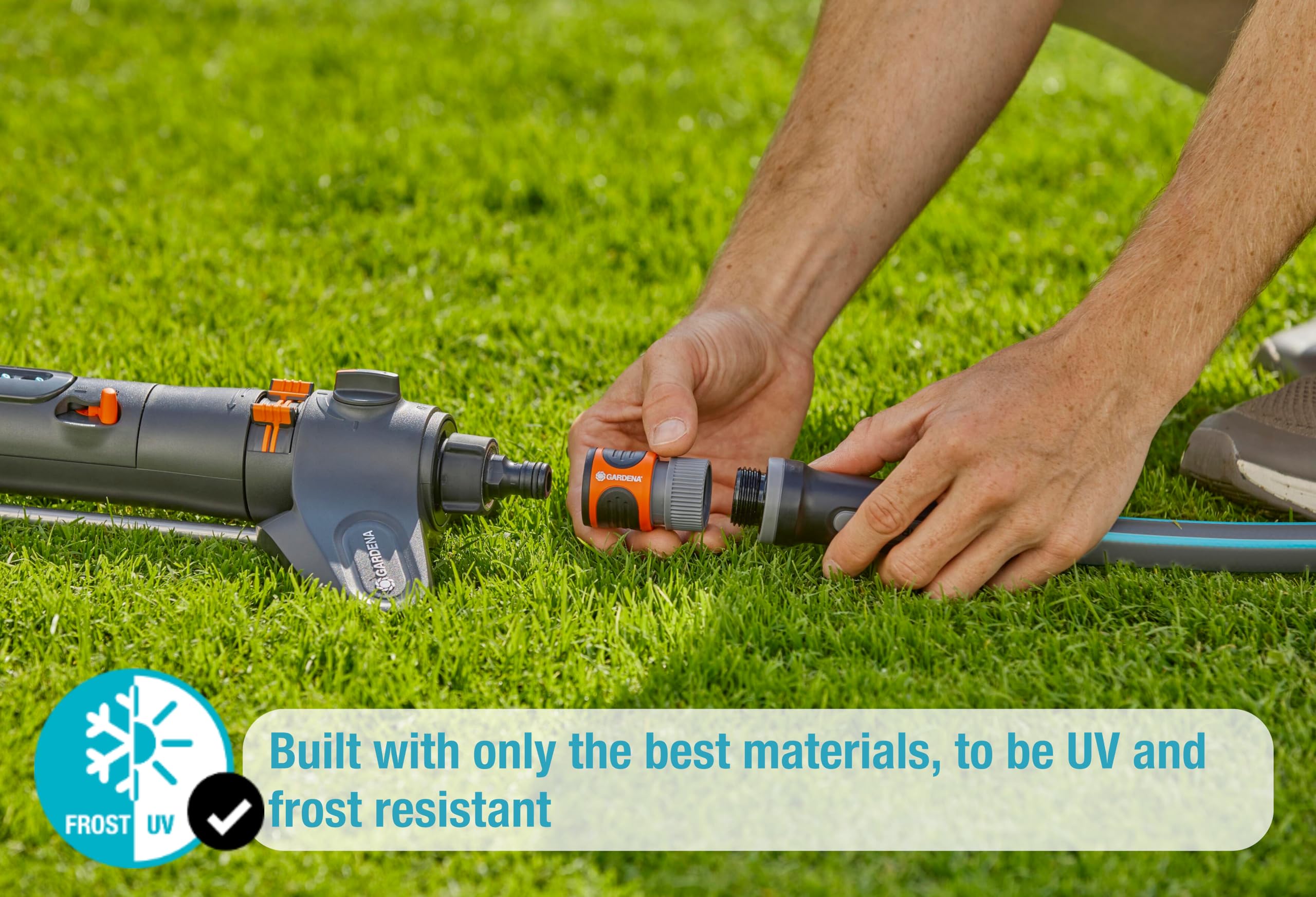 Gardena AquaZoom Oscillating Sprinkler in garden setting