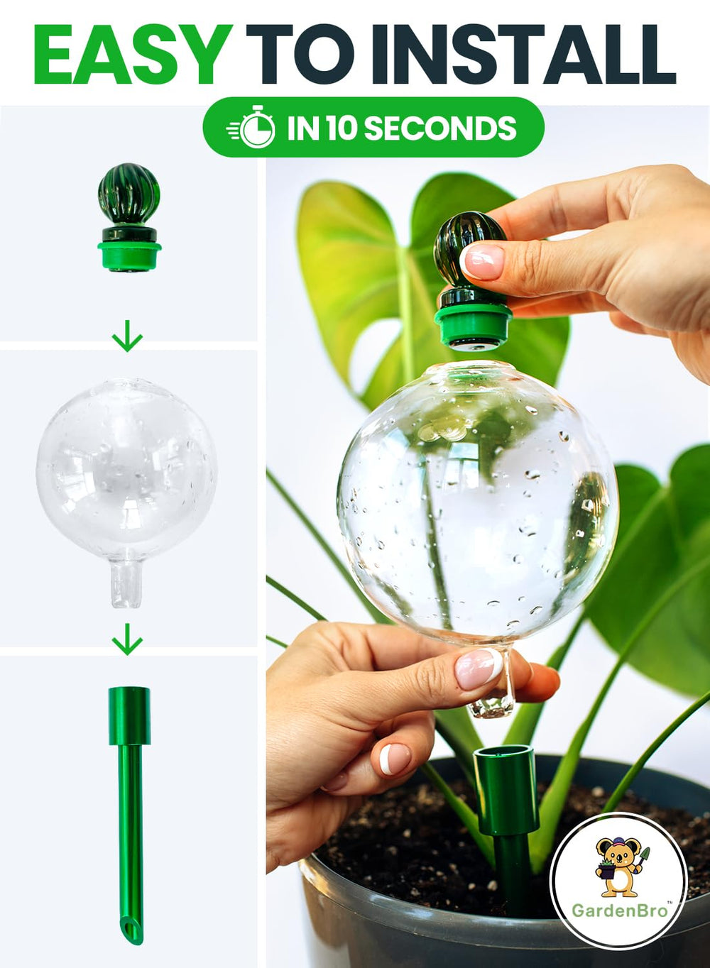 GARDENBRO hand-blown glass self-watering globe close-up