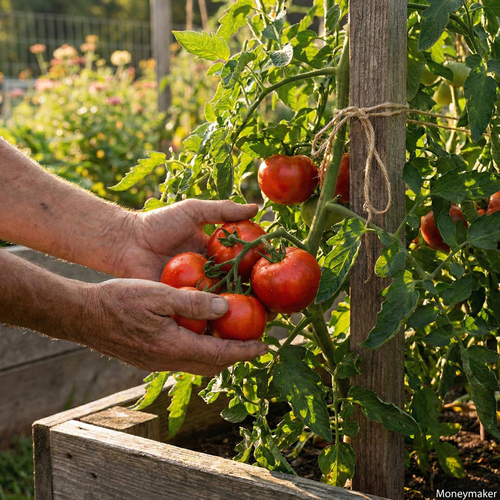 Gardener planting Moneymaker tomato seeds in soil