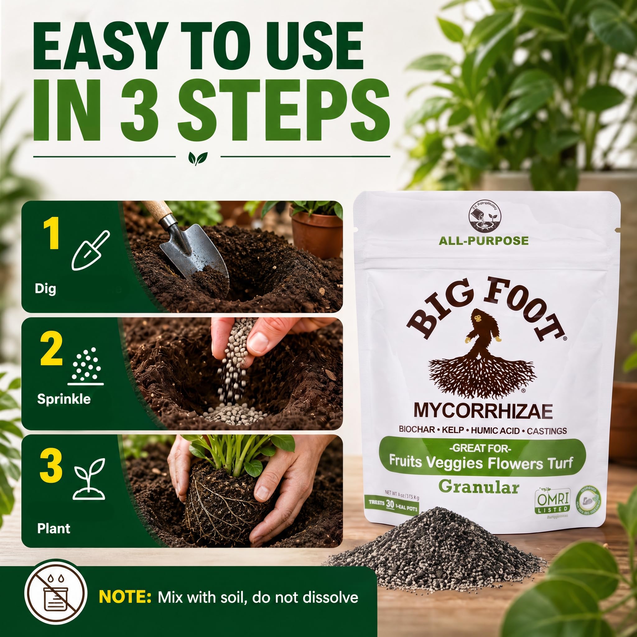 Gardener using Big Foot Mycorrhizal Fungi in a garden