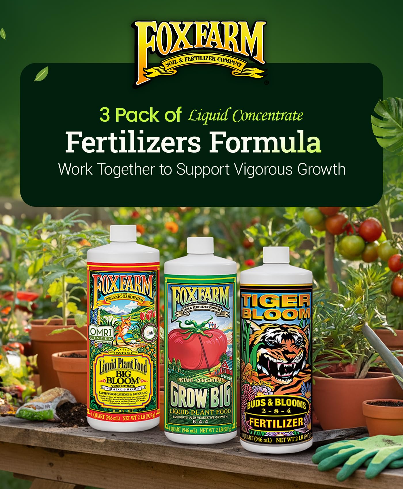 Gardener using FoxFarm Soil Liquid Trio Pack fertilizers in a garden