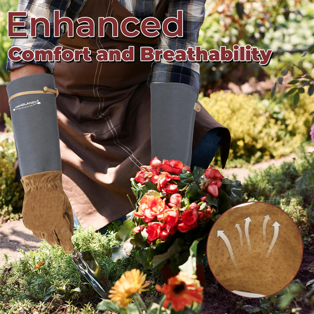 Gardener wearing HANDLANDY Rose Pruning Gloves while pruning roses