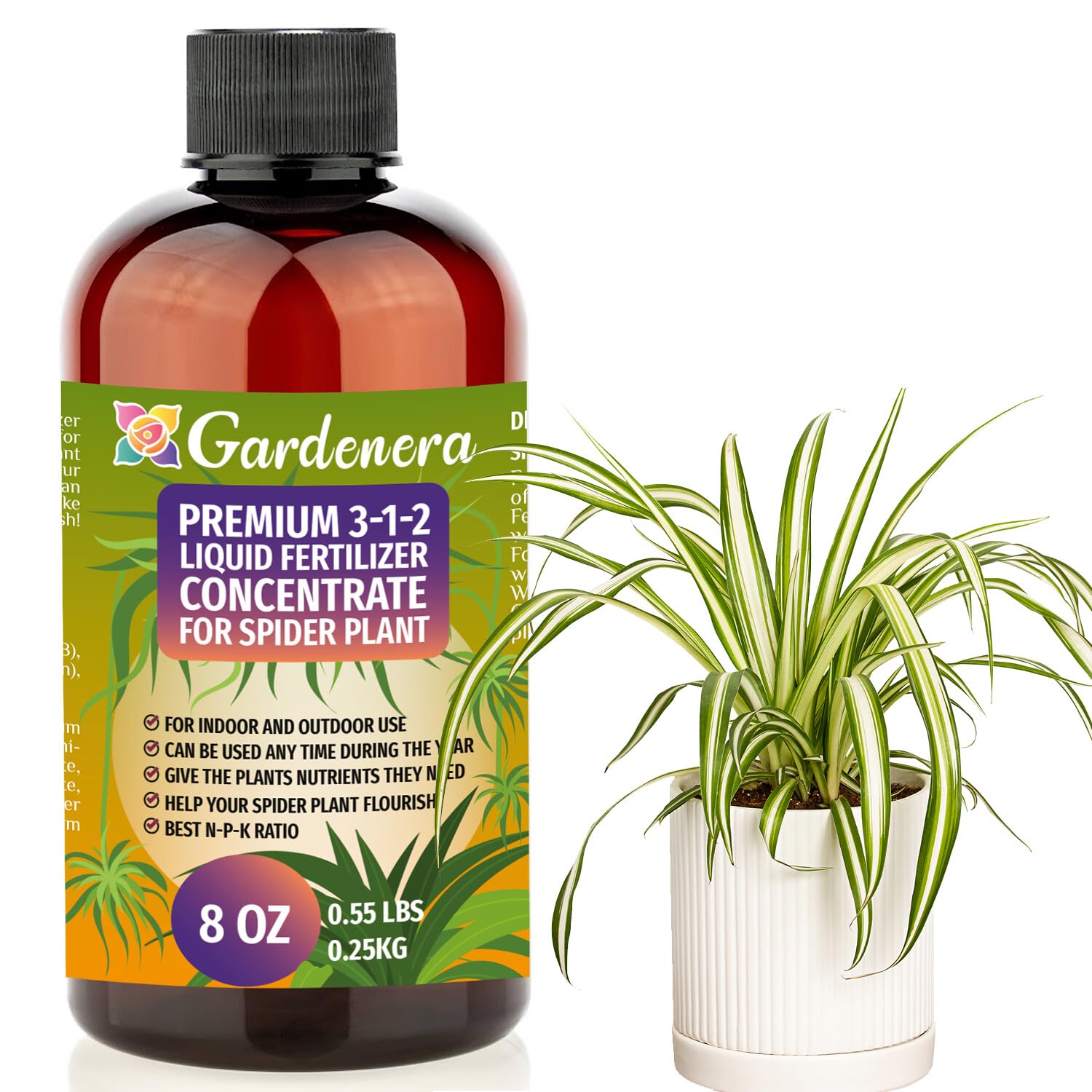 Gardenera 3-1-2 Liquid Spider Plant Fertilizer 8oz bottle front view