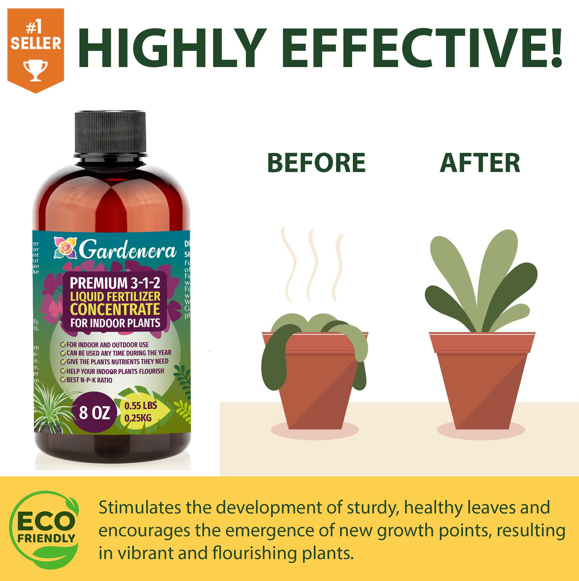 Gardenera Liquid Fertilizer 8oz bottle with spider plant in a pot