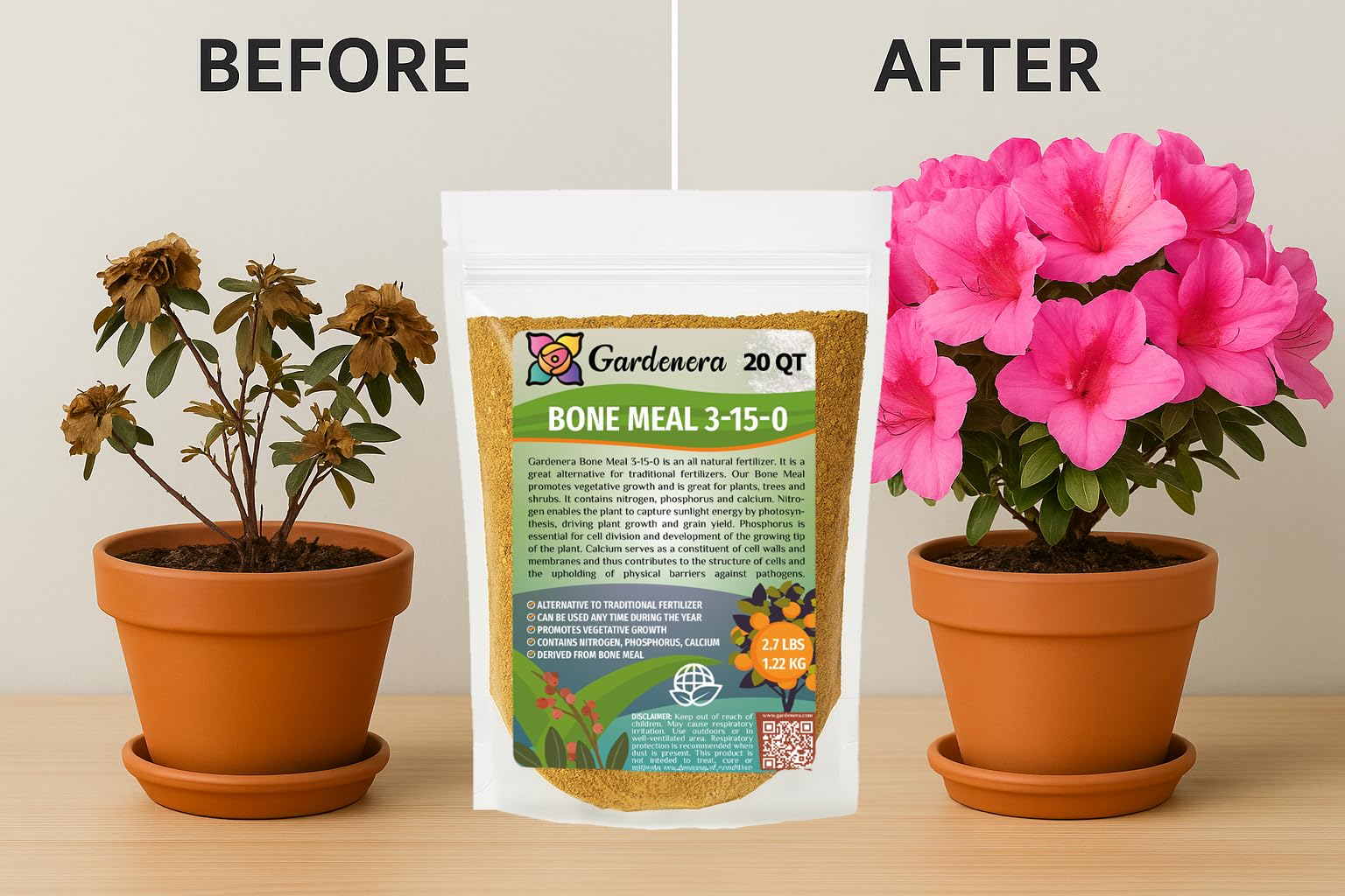 Gardenera Organic Bone Meal Fertilizer used in a flower garden