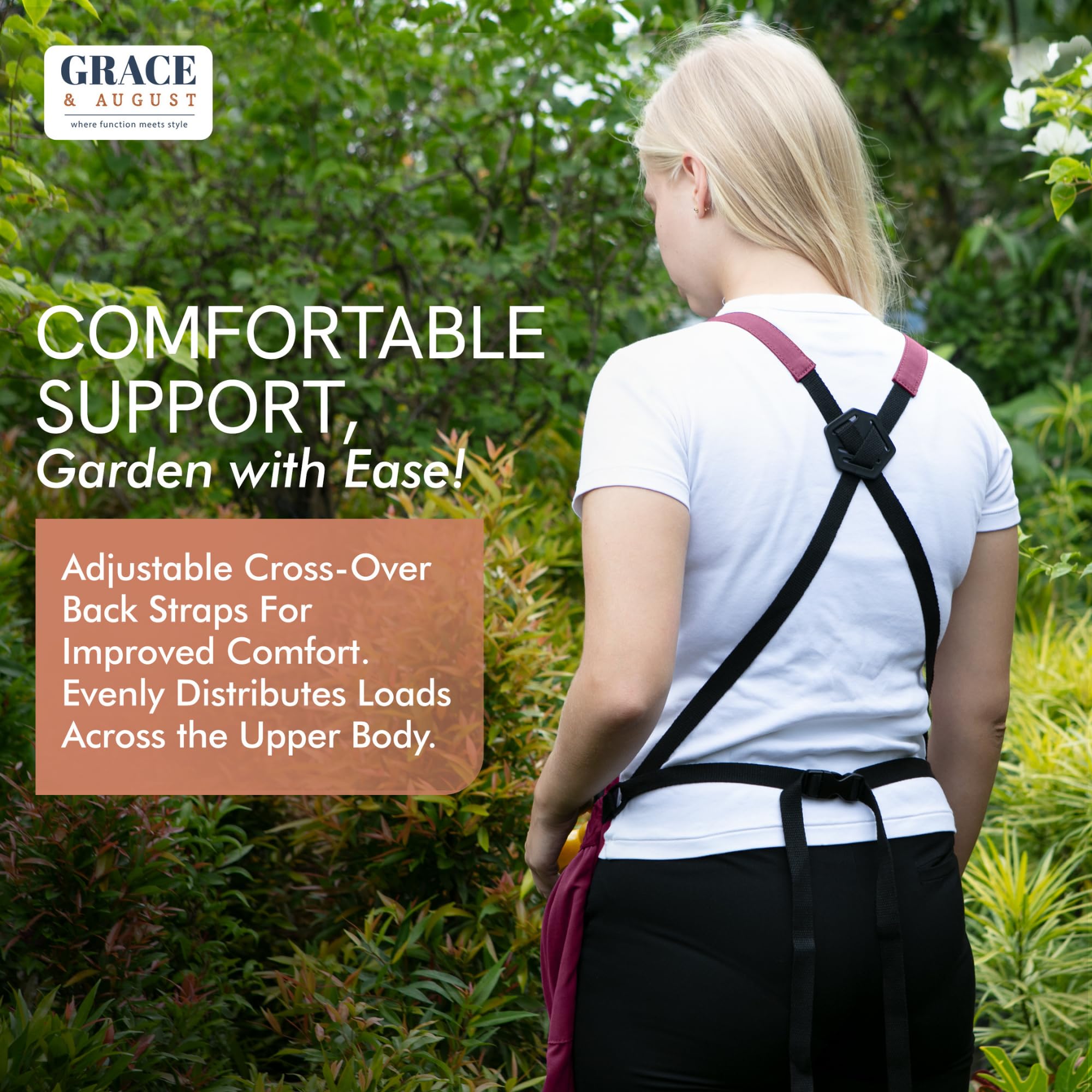 Gardening apron with fruits and tools inside the pockets