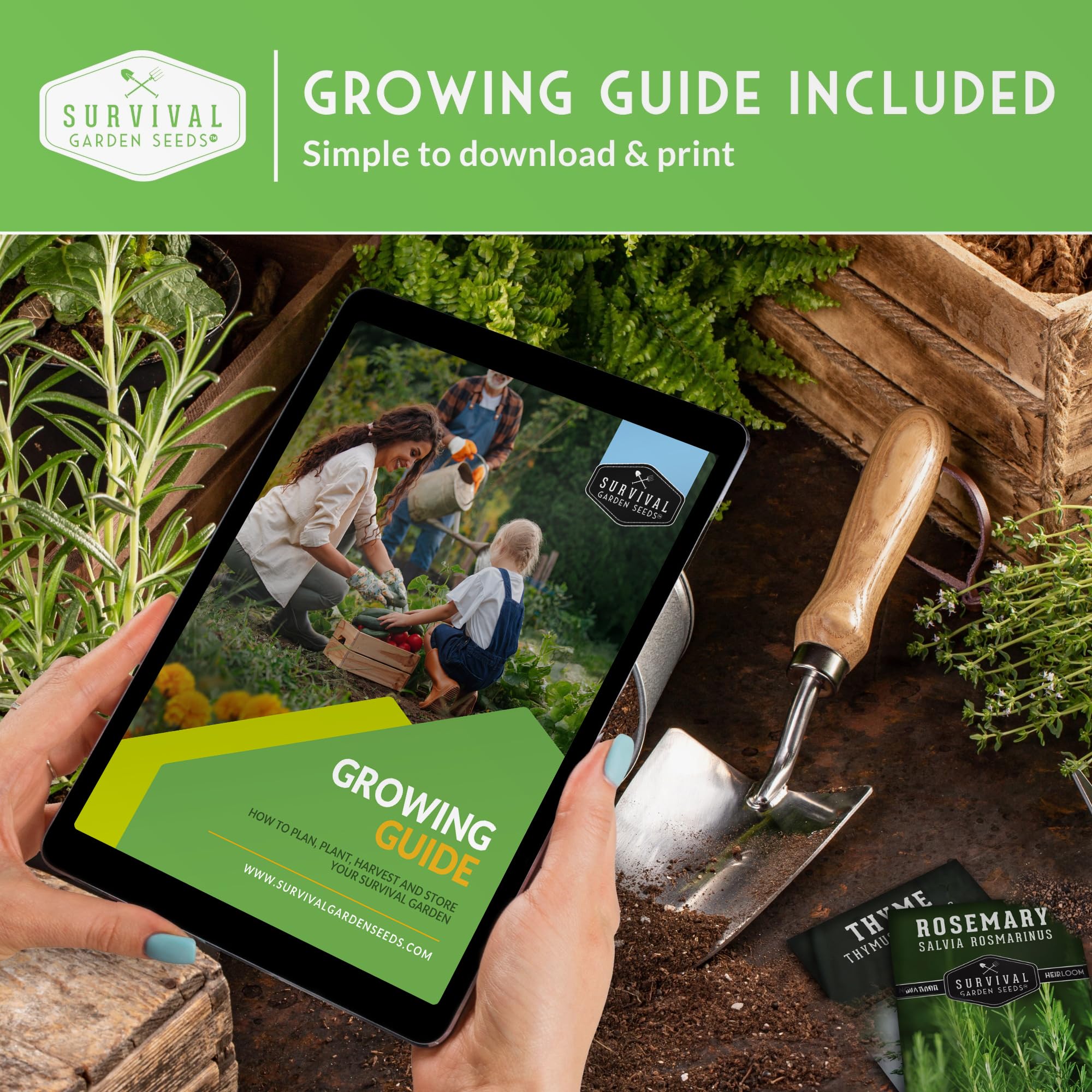 Gardening scene with vegetable plants grown from SURVIVAL GARDEN SEEDS