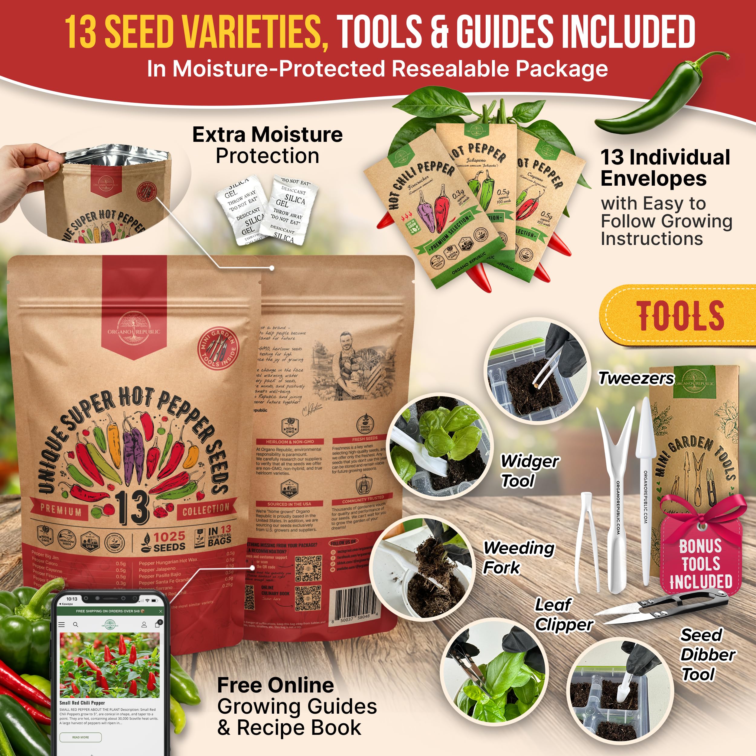 Gardening tools included in Organo Republic pepper seeds kit