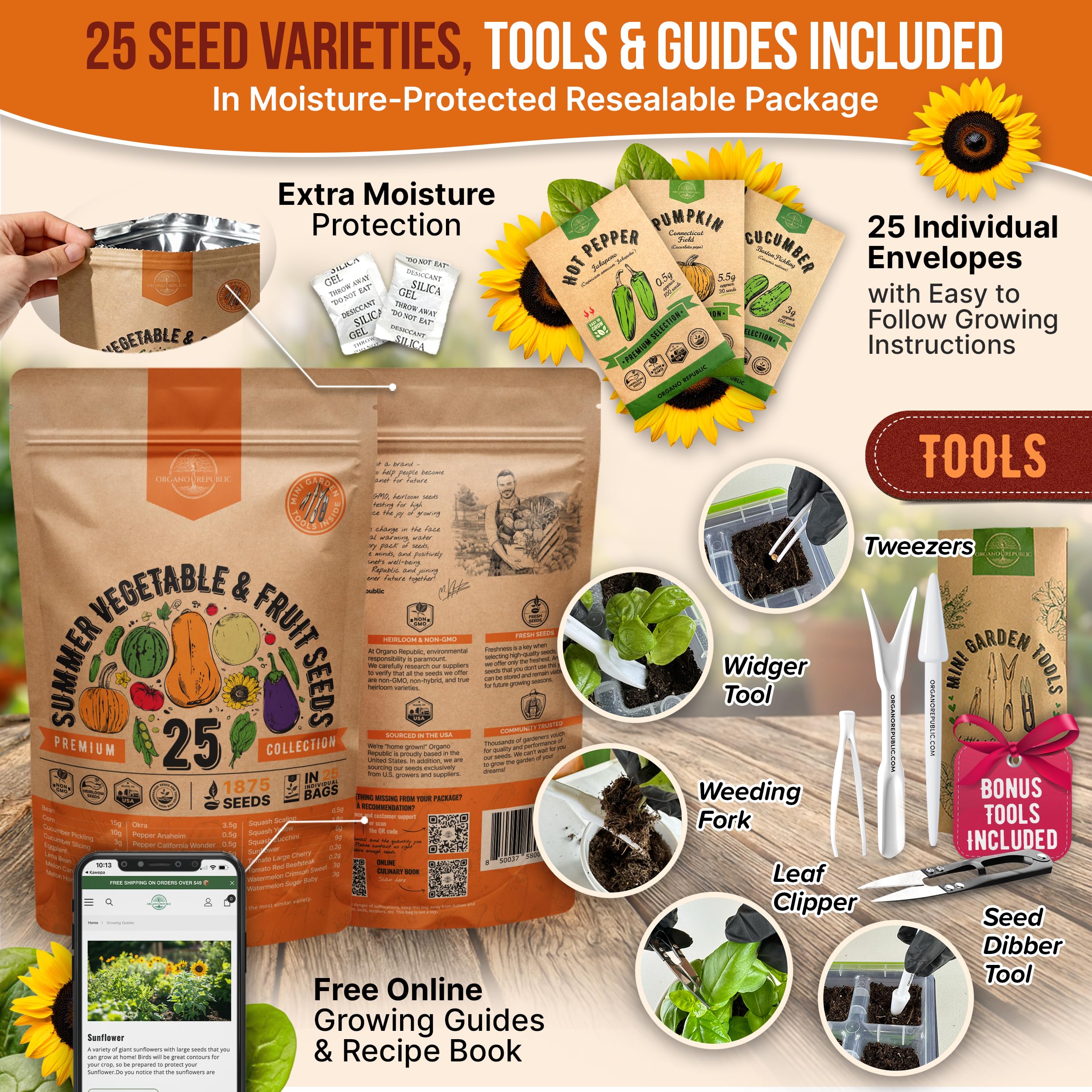 Gardening tools included in the seed variety pack