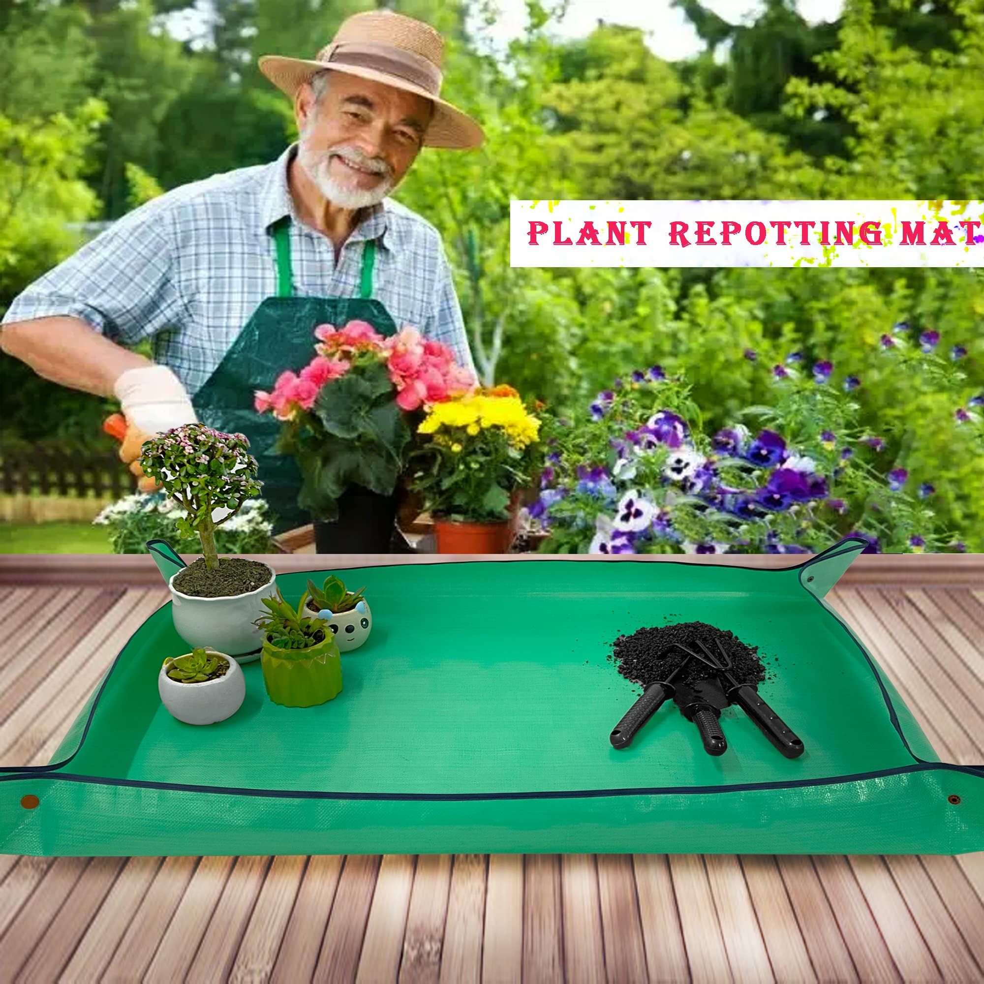 Gardening tools on BIUWING Extra Large Plant Repotting Mat during use