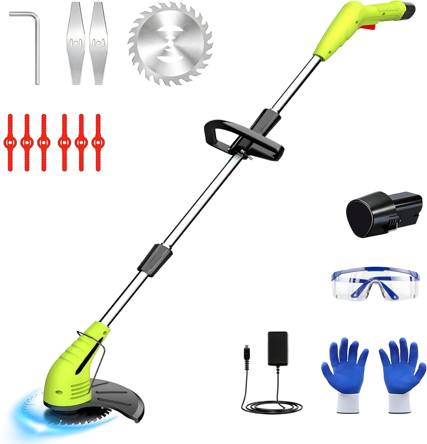 GardenJoy 12V Cordless Grass Trimmer front view with battery