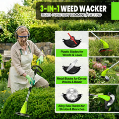 GardenJoy Grass Trimmer with 3 blade types displayed