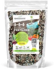 GARDENWISE 6-6-6 All-Purpose Fertilizer granules in packaging