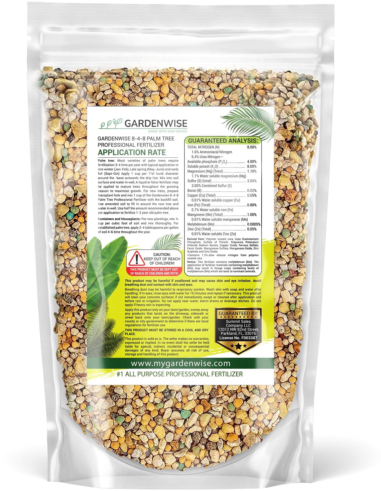 GARDENWISE 8-4-8 Palm Tree Fertilizer back view with details
