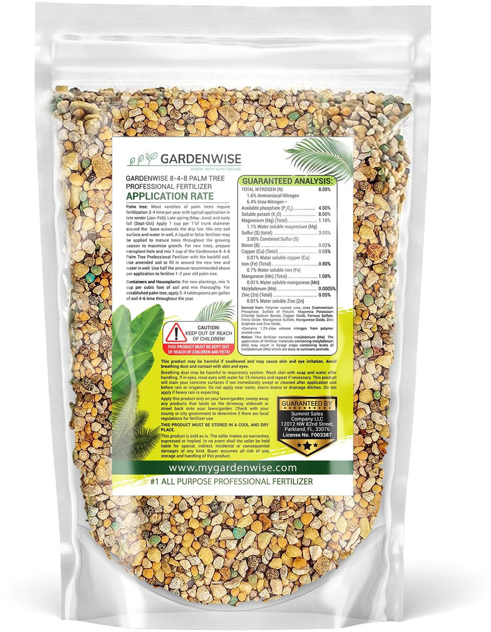 GARDENWISE 8-4-8 Palm Tree Fertilizer back view with details