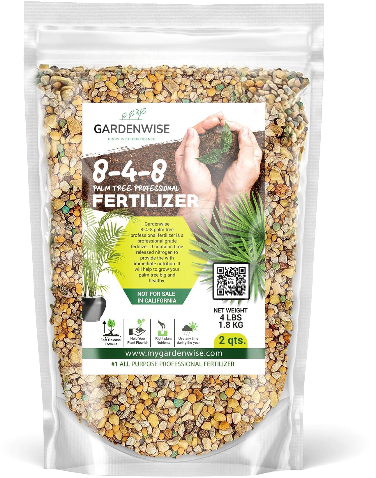 GARDENWISE 8-4-8 Palm Tree Fertilizer front view, granules visible