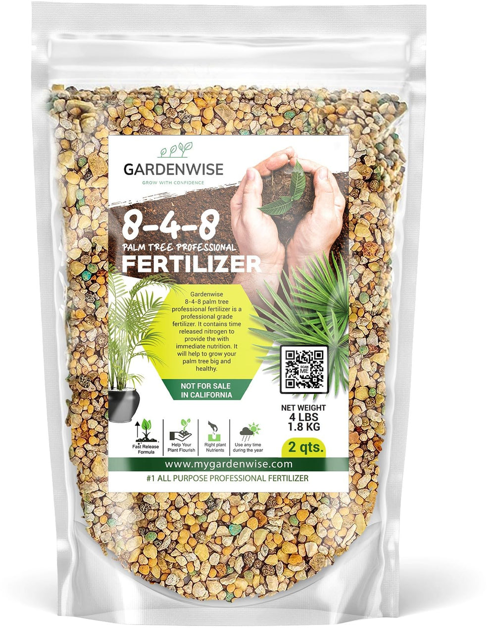GARDENWISE 8-4-8 Palm Tree Fertilizer front view, granules visible