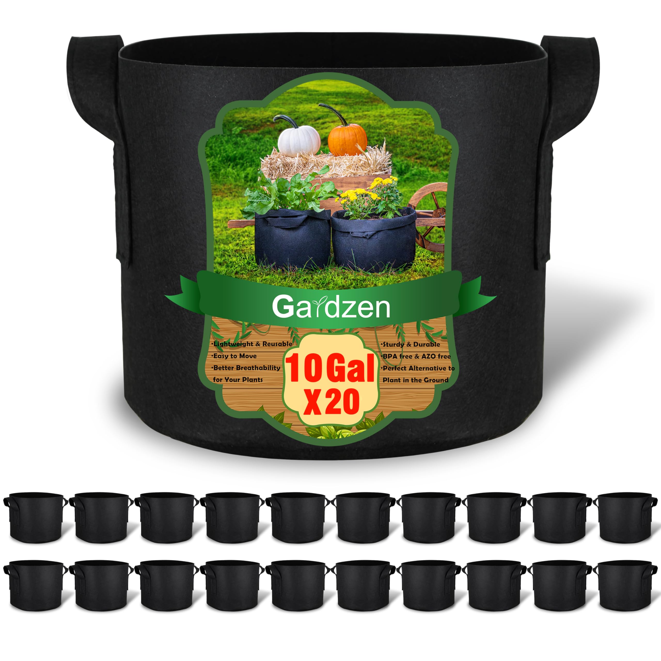 Gardzen 20-Pack 10 Gallon Grow Bags with black fabric