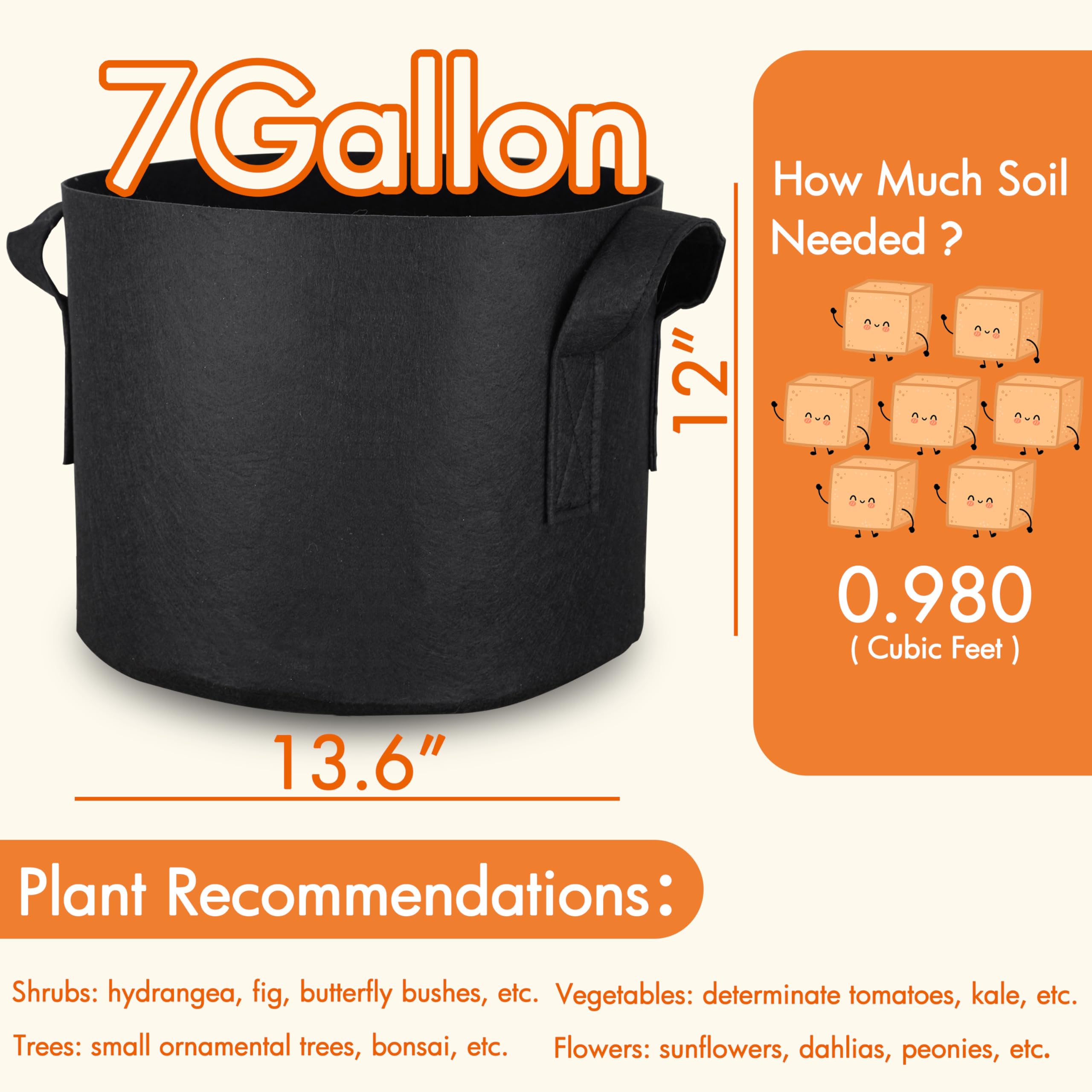 Gardzen 7 Gallon Grow Bag displayed with dimensions