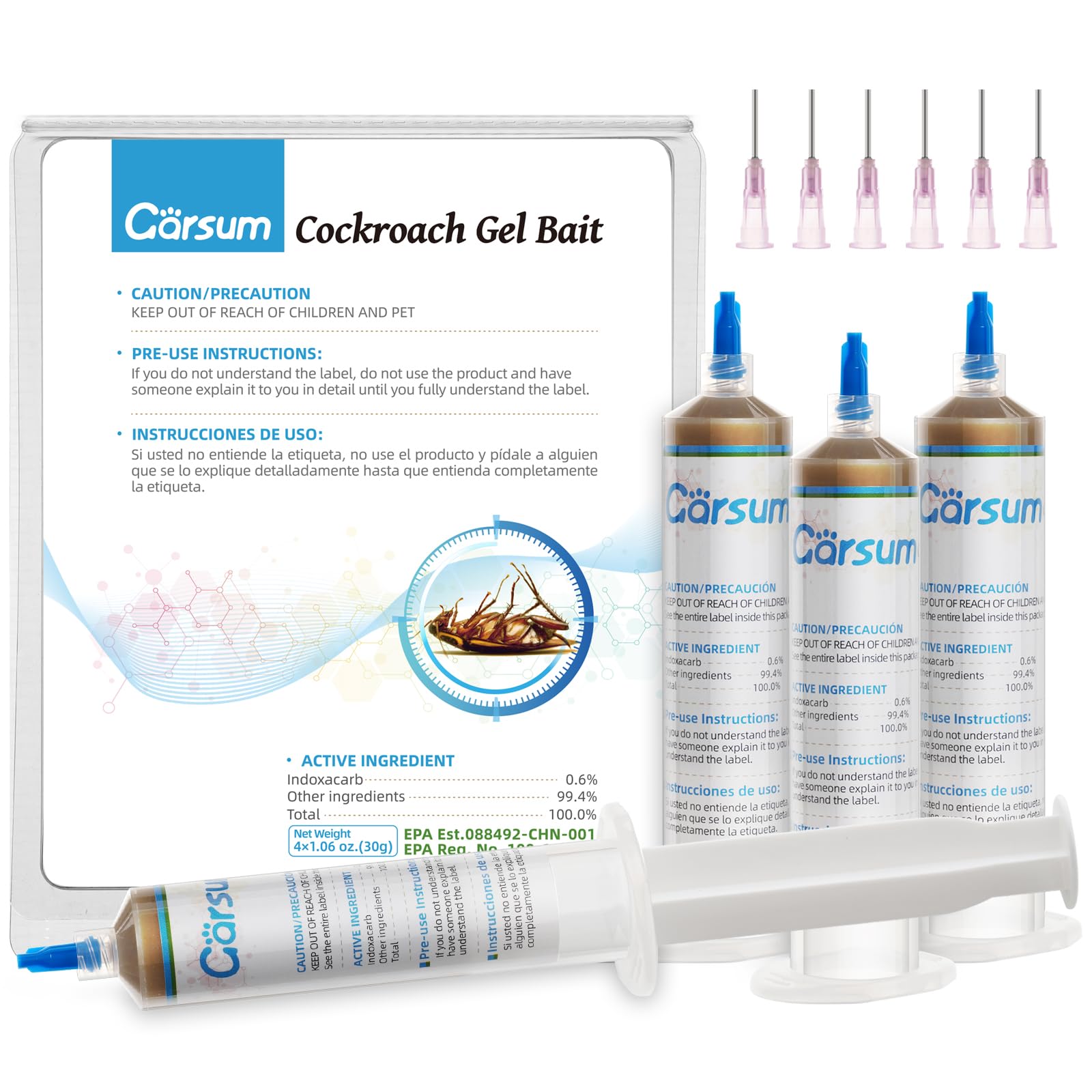 Garsum Cockroach Gel Bait package front view with four 30-gram tubes
