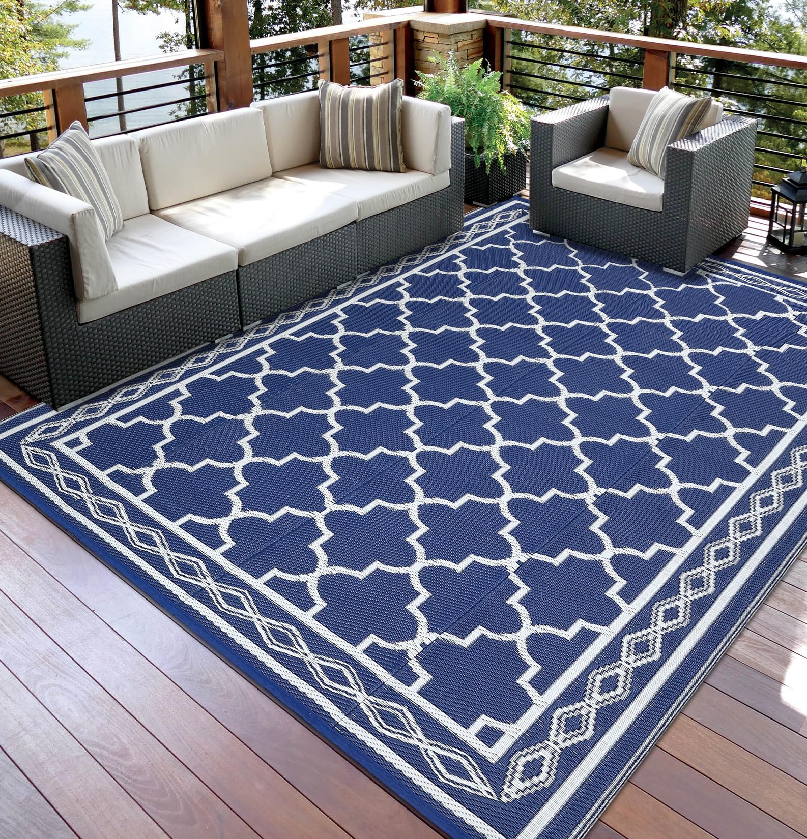 Garvee 8x10 outdoor patio rug in dark blue and white pattern