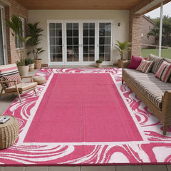 Garvee 8x10 Outdoor Rug pink and white striped design front view