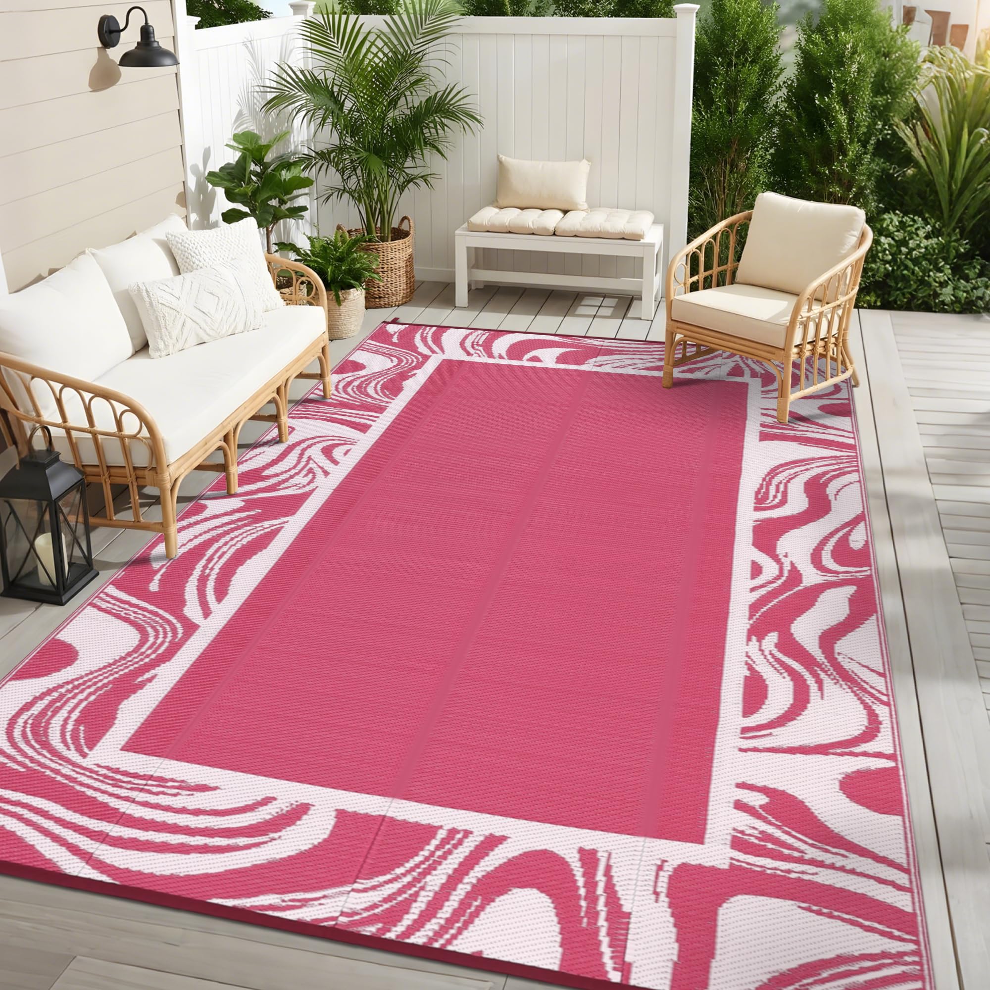 Garvee 8x10 Outdoor Rug Pink White Striped Waterproof Lightweight