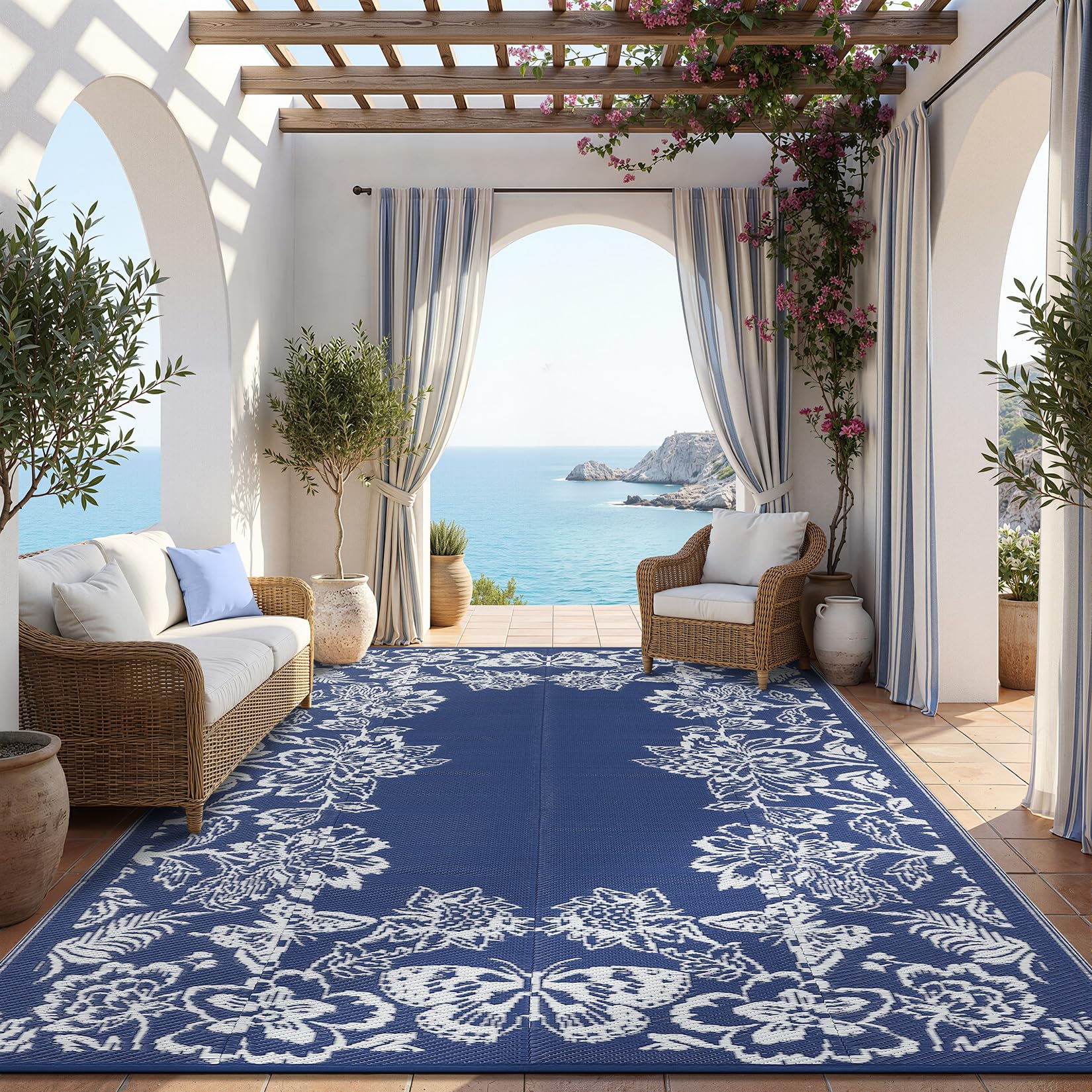 Garvee Outdoor Rug 9' x 12' navy and white front view