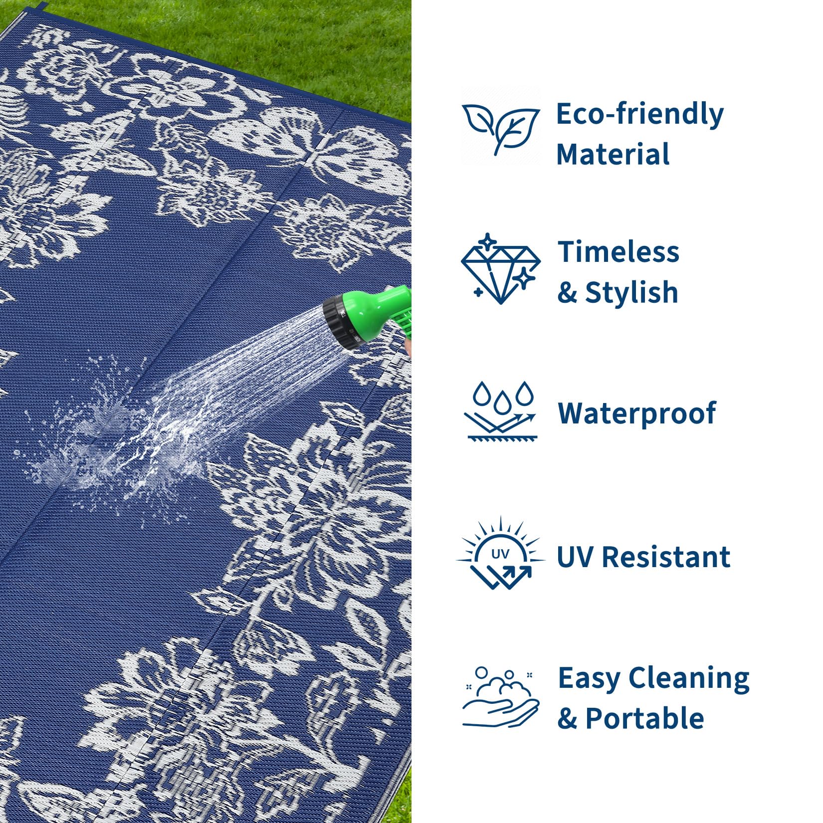 Garvee Outdoor Rug 9' x 12' navy and white with geometric design