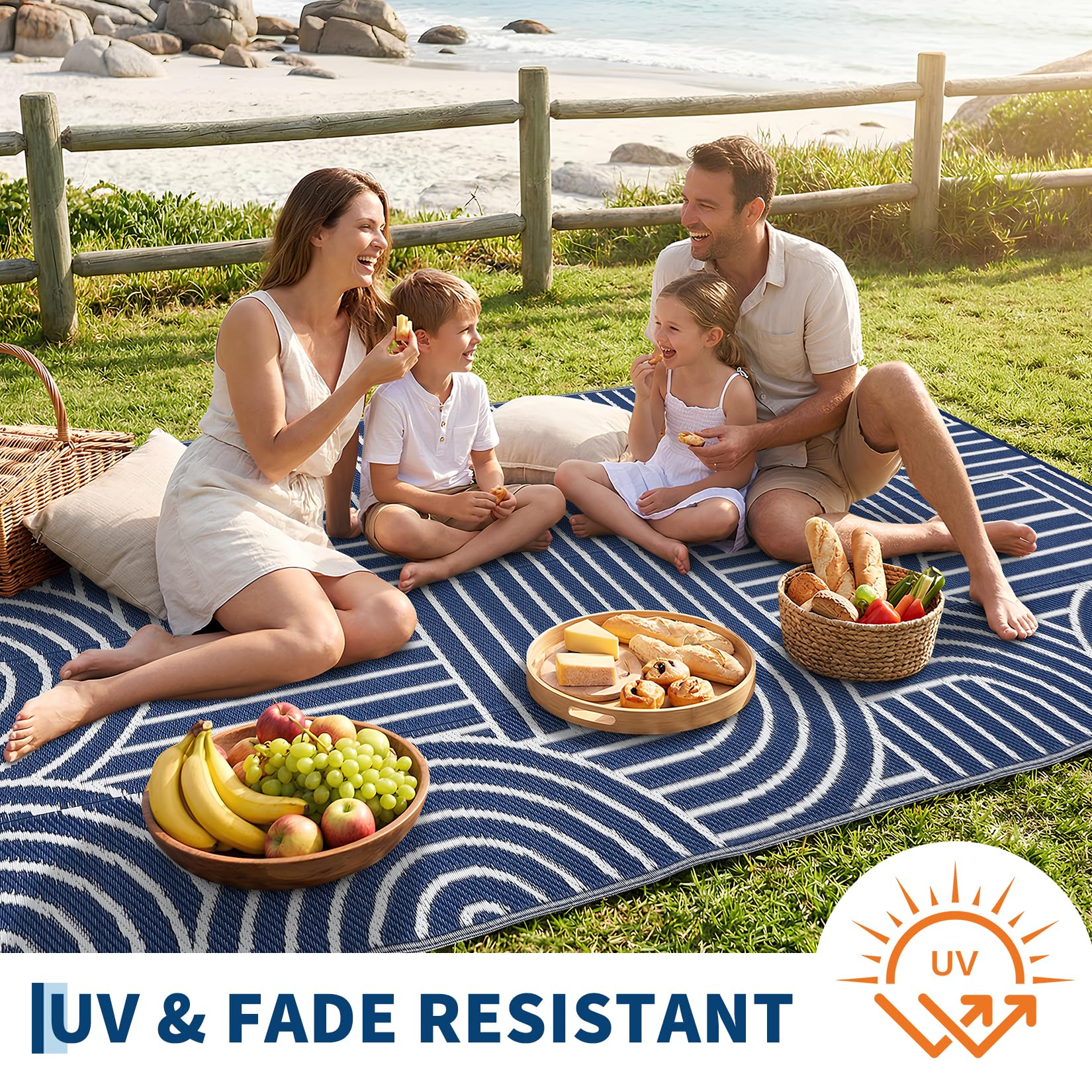 Garvee Reversible Rainbow Outdoor Rug 9x12 in outdoor setting on patio