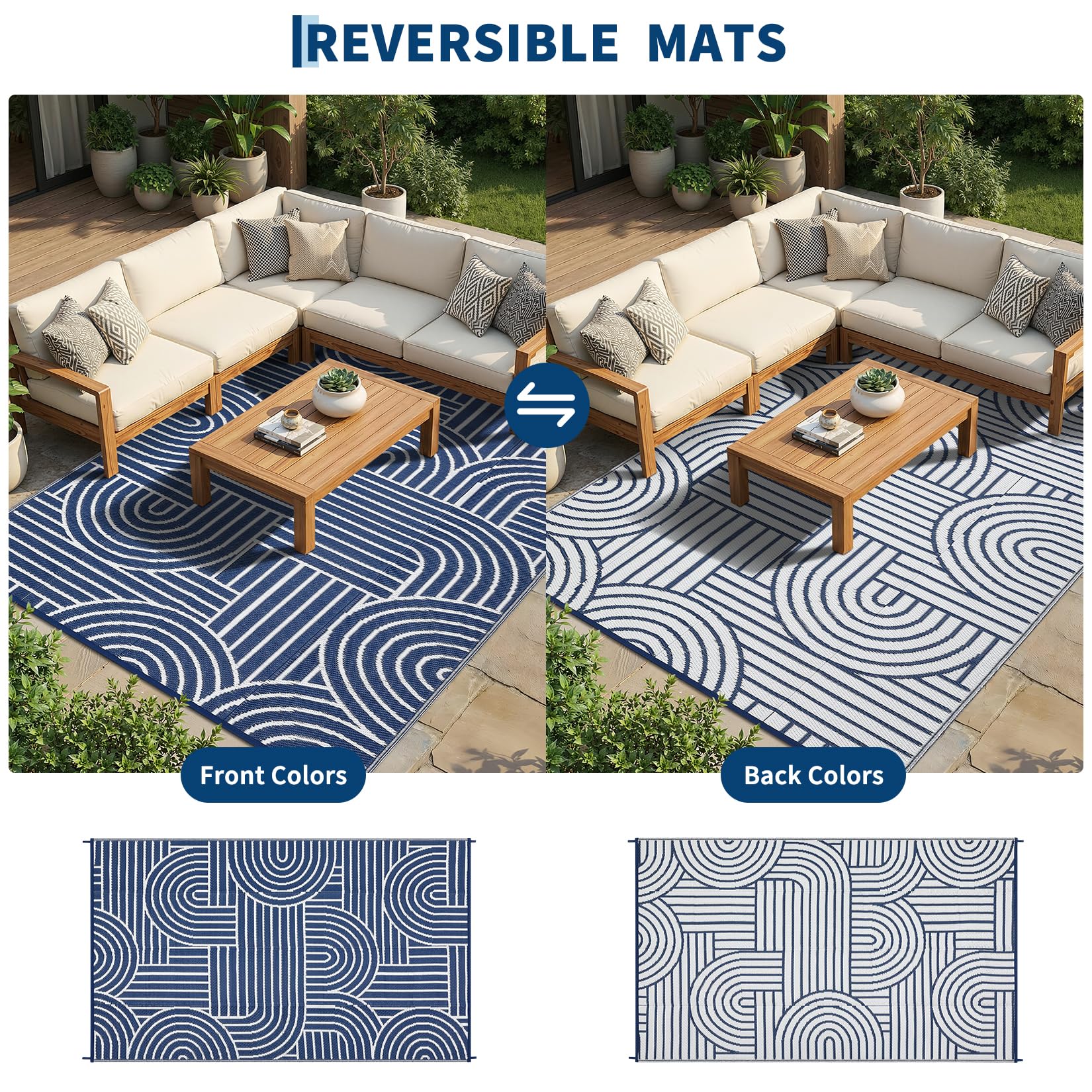 Garvee Reversible Rainbow Outdoor Rug 9x12 showing corner loops and stakes