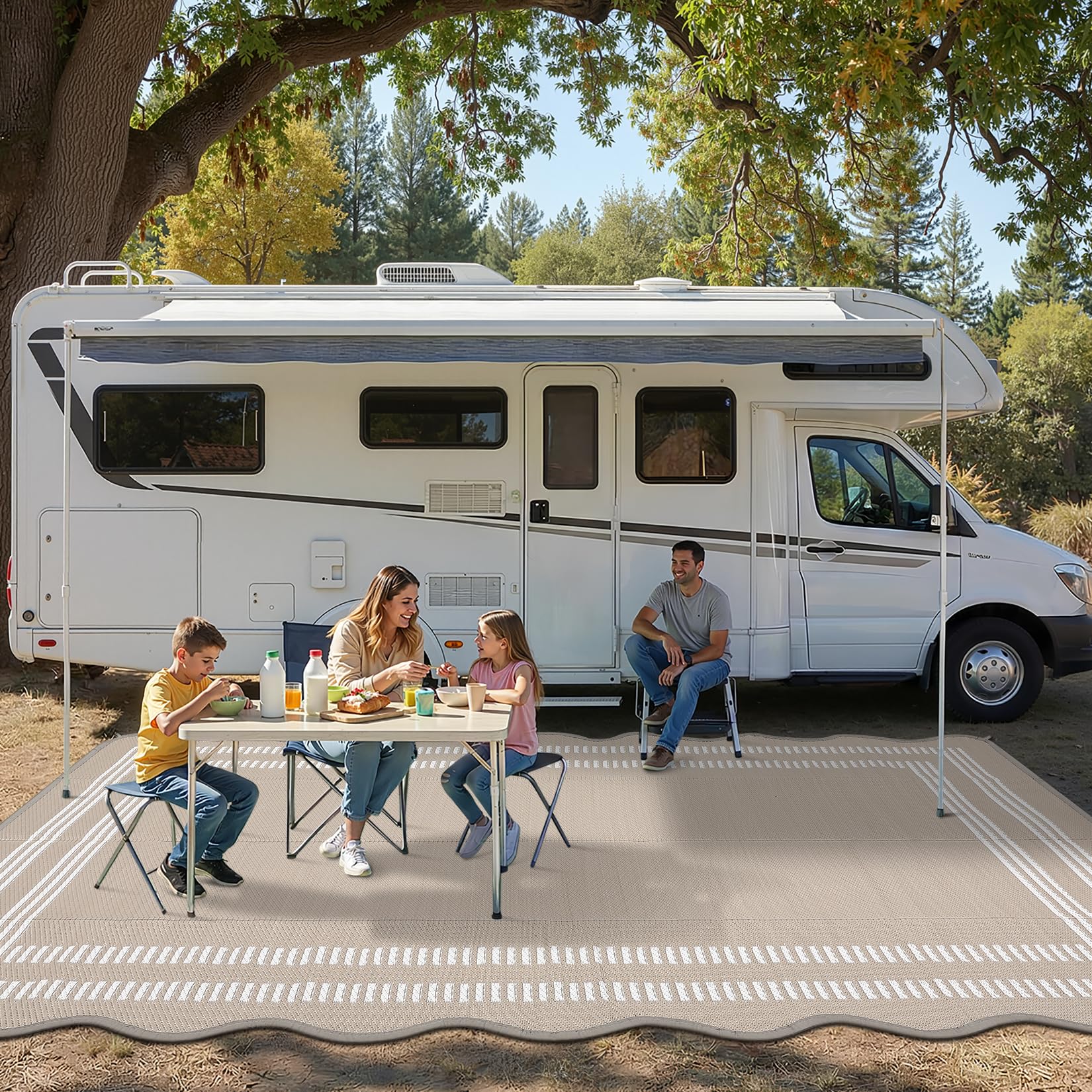 Garvee Scalloped Outdoor Rug 6' x 9' Gray Brown lifestyle scene