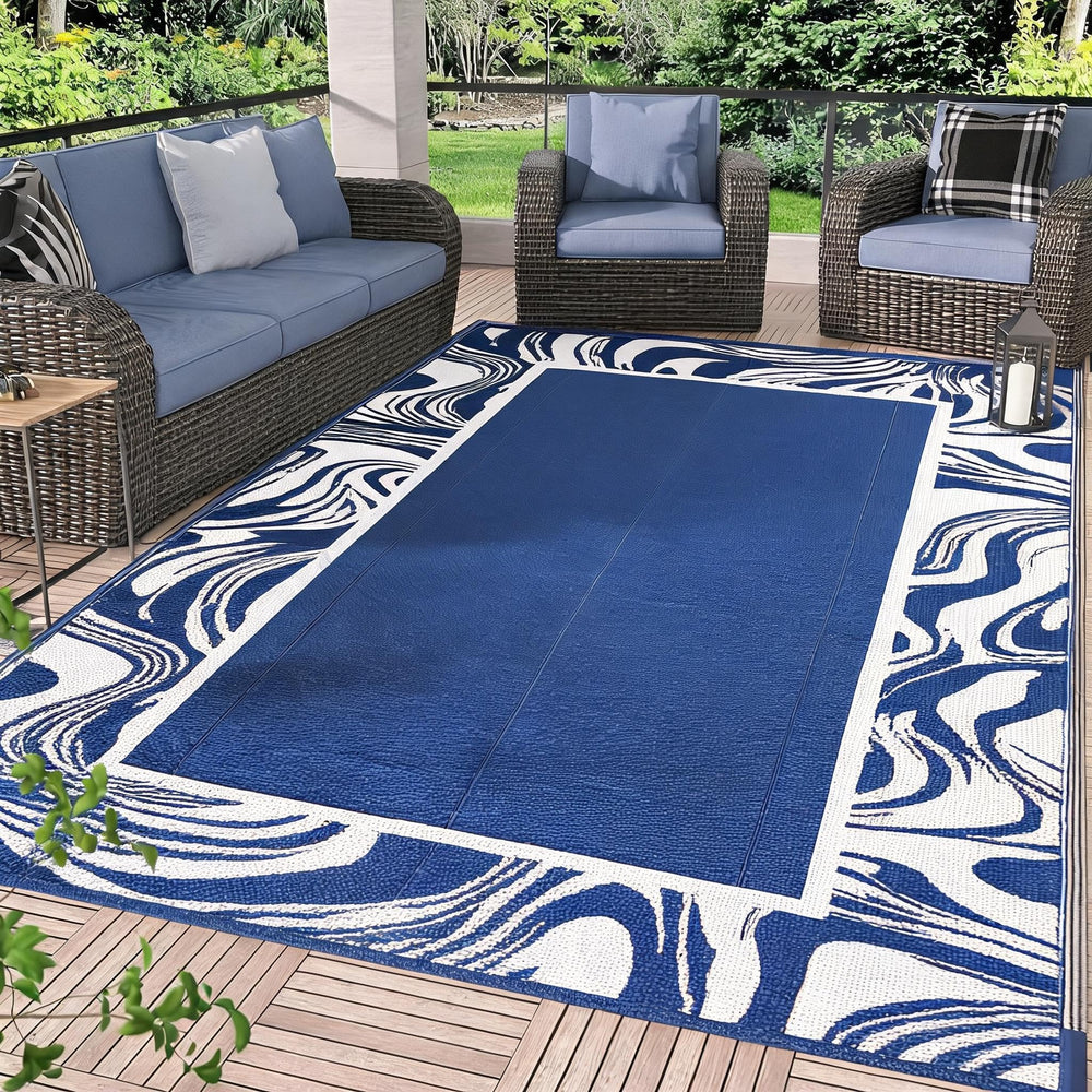 Garvee Waterproof Outdoor Rug 8x10 navy and white design