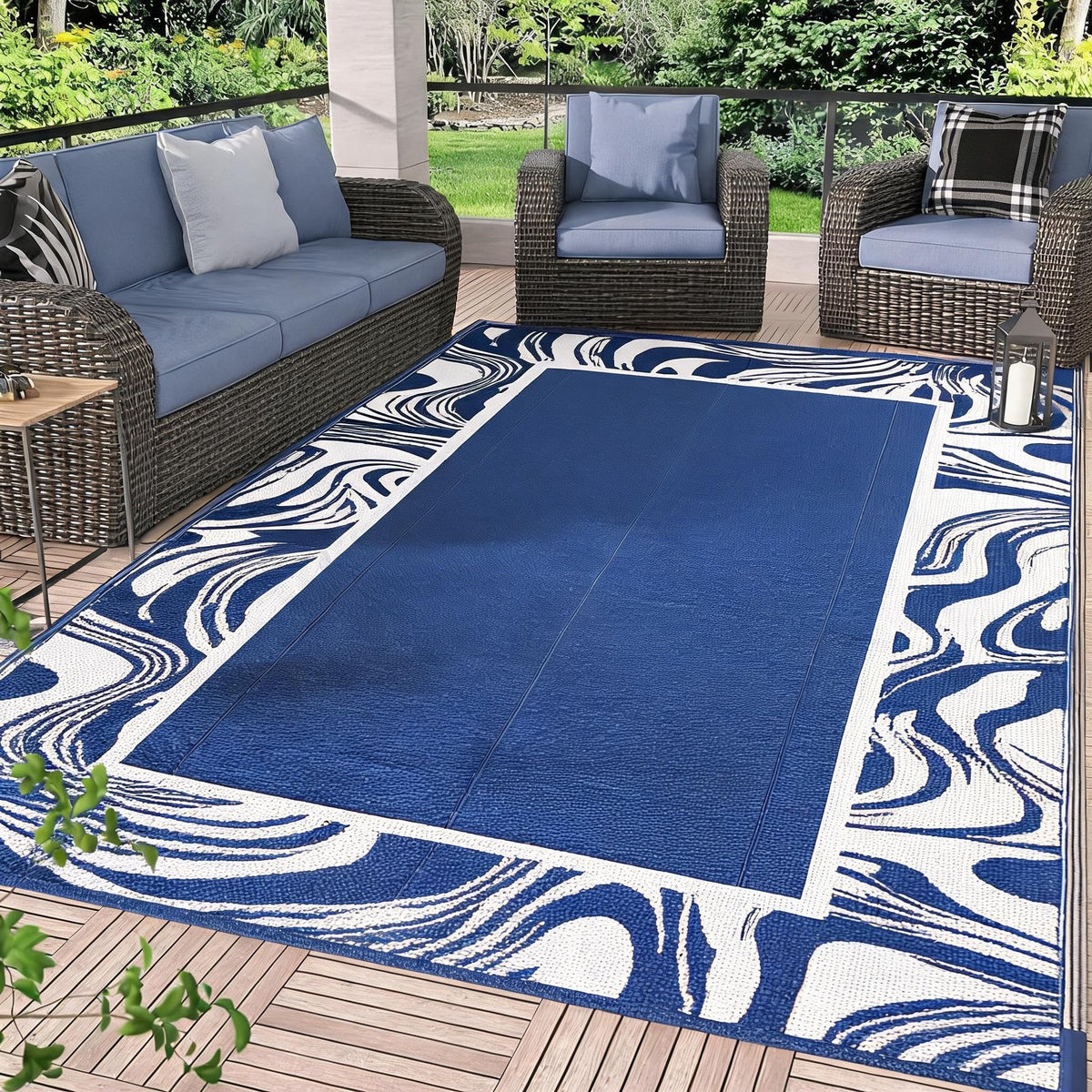 Garvee Waterproof Outdoor Rug 8x10 navy and white design