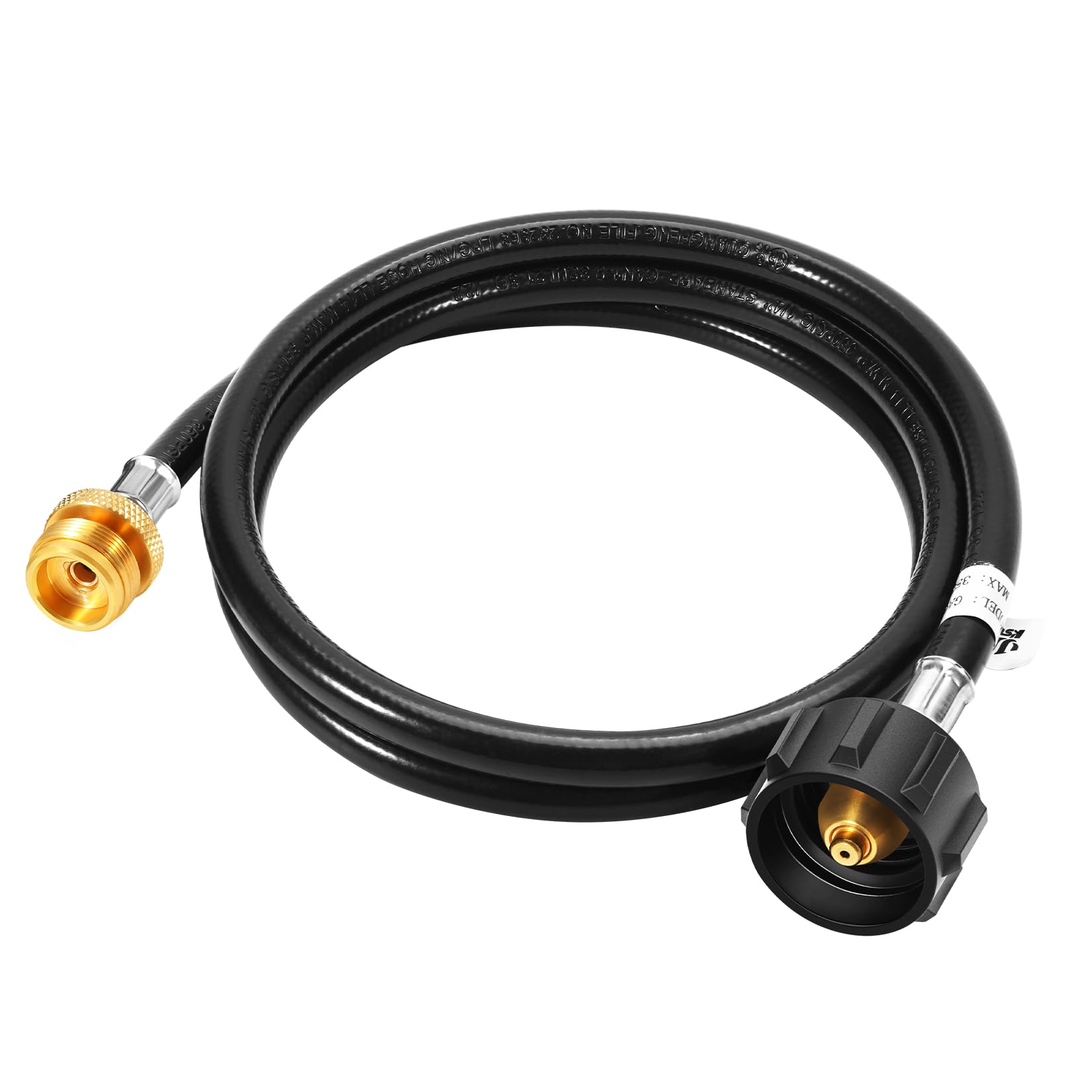 GasSaf 5FT Propane Hose Adapter front view with brass fittings