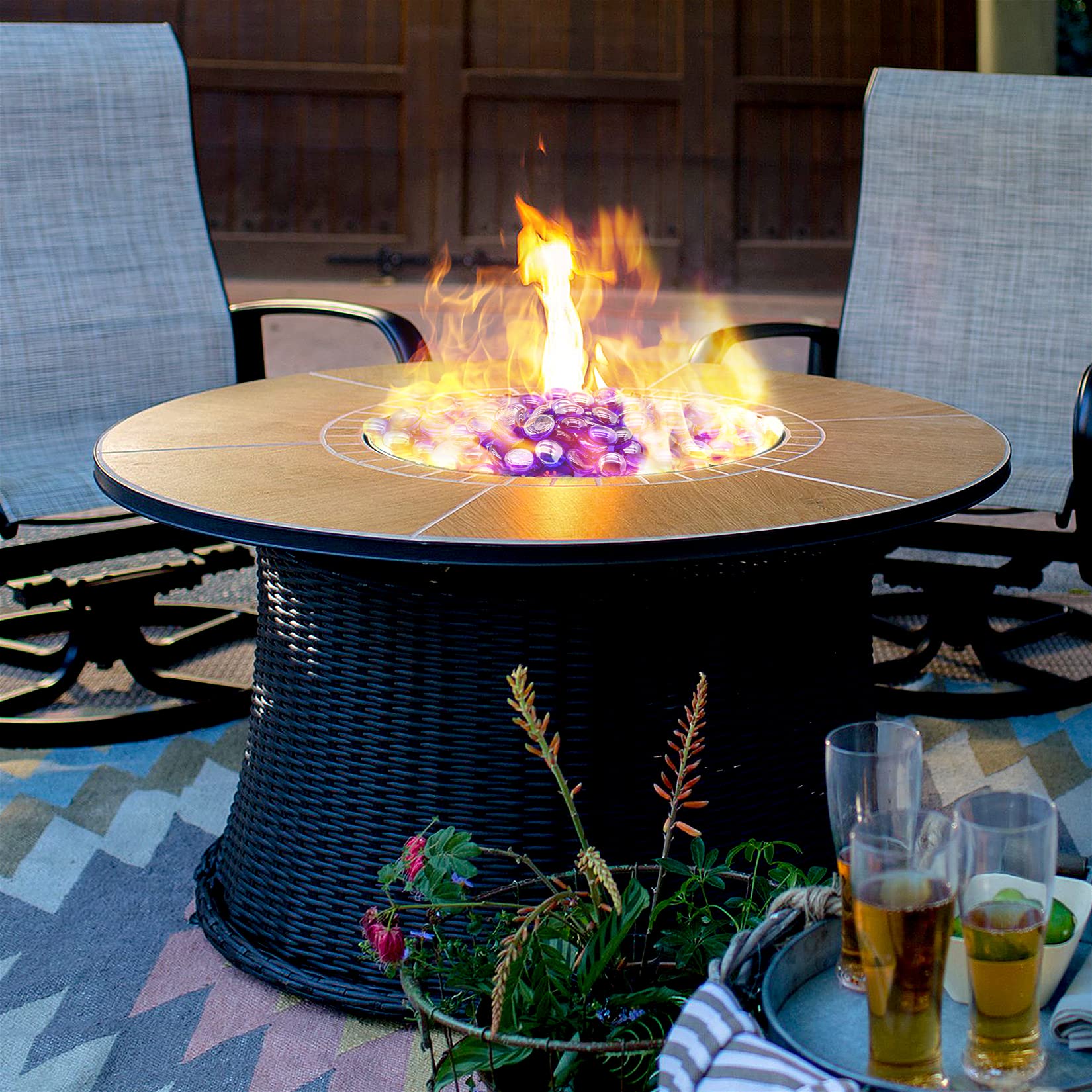 GasSaf Fire Glass Beads in a decorative garden setting