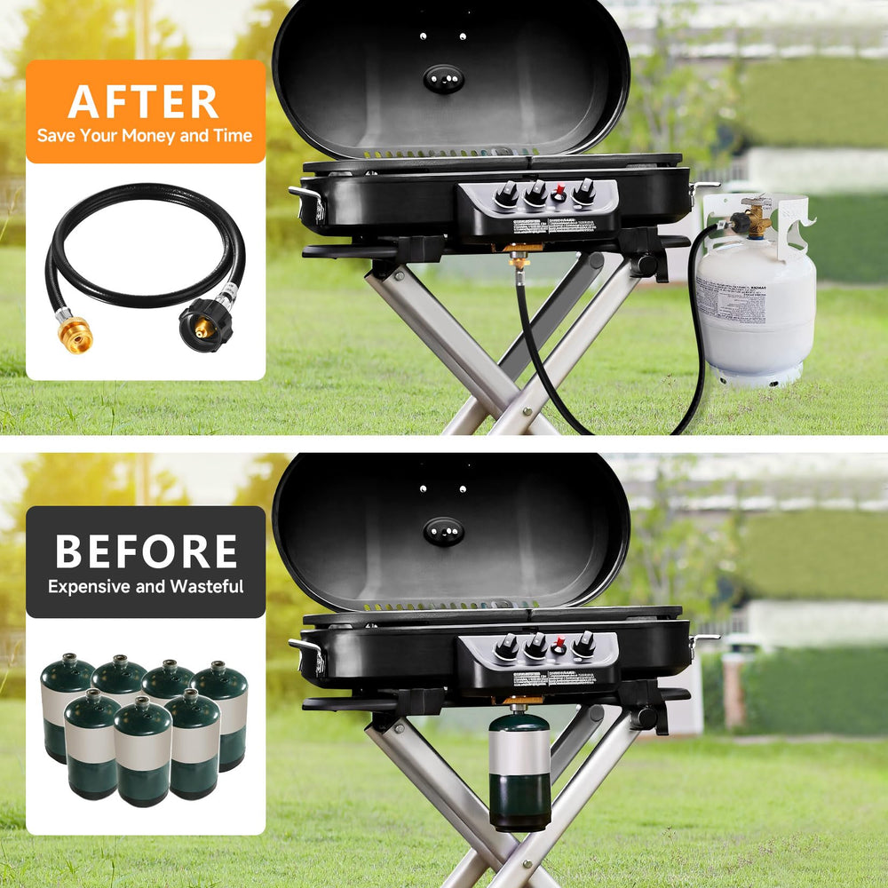 GasSaf propane hose displayed alongside camping equipment