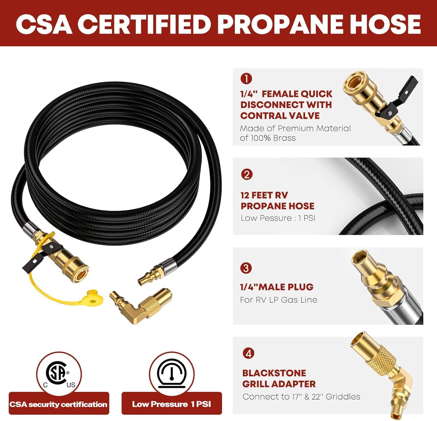 GasXpert 12 FT propane hose packaging with components